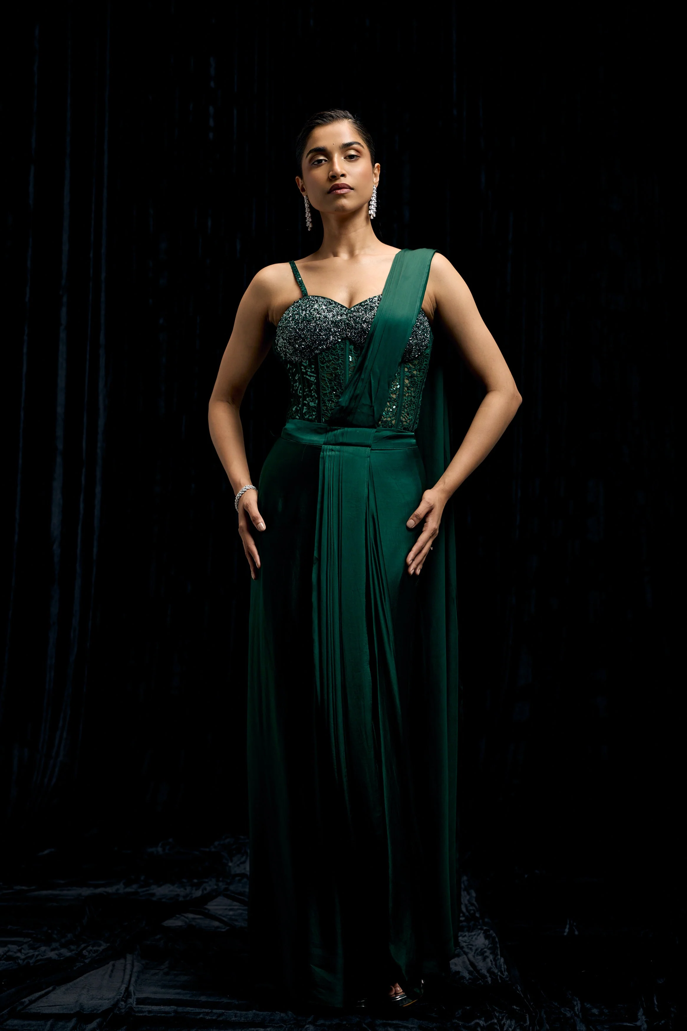 Emerald Green Embellished Satin Silk Draped Saree