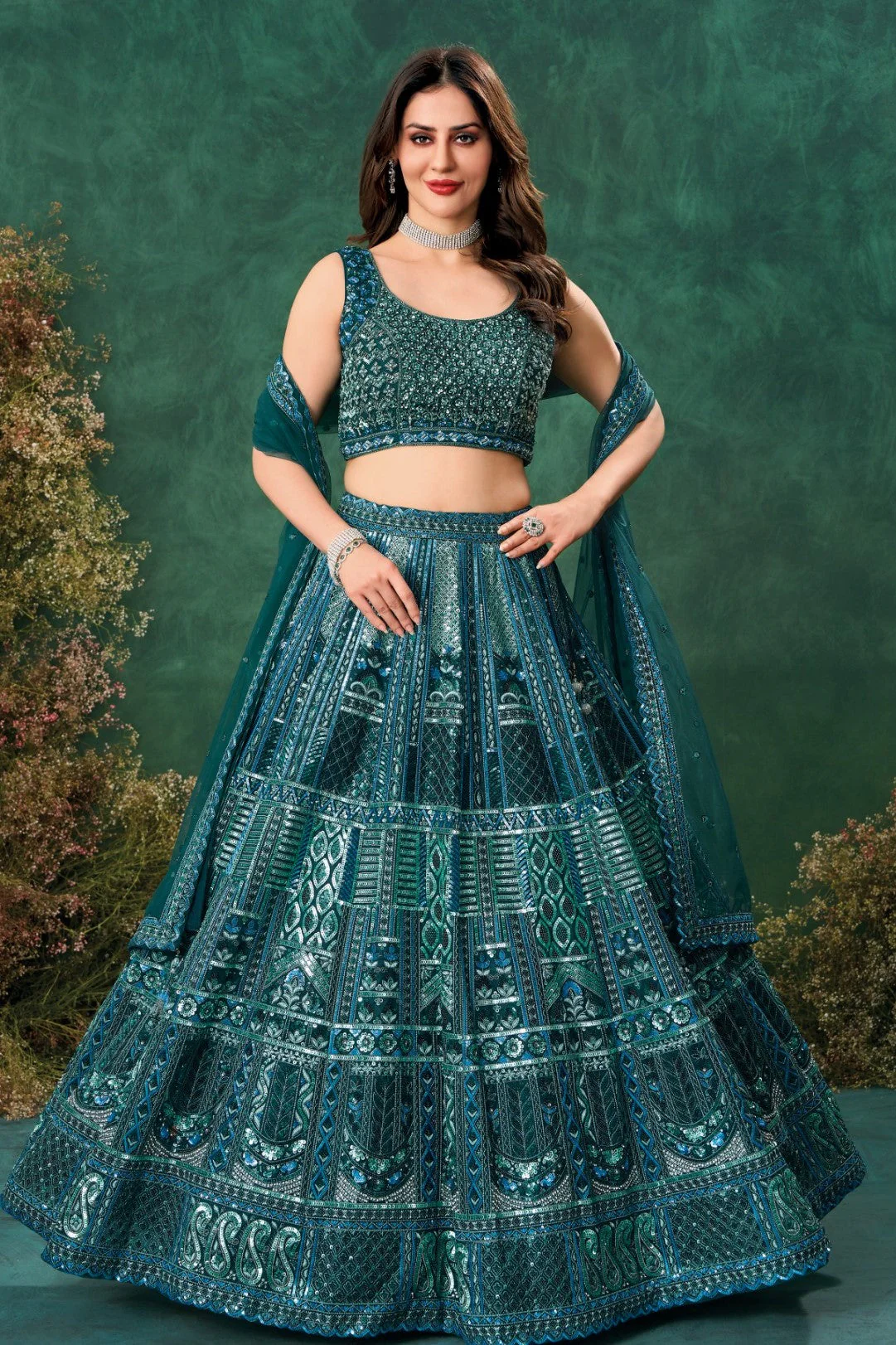 Dark Green Net Lehenga Set
