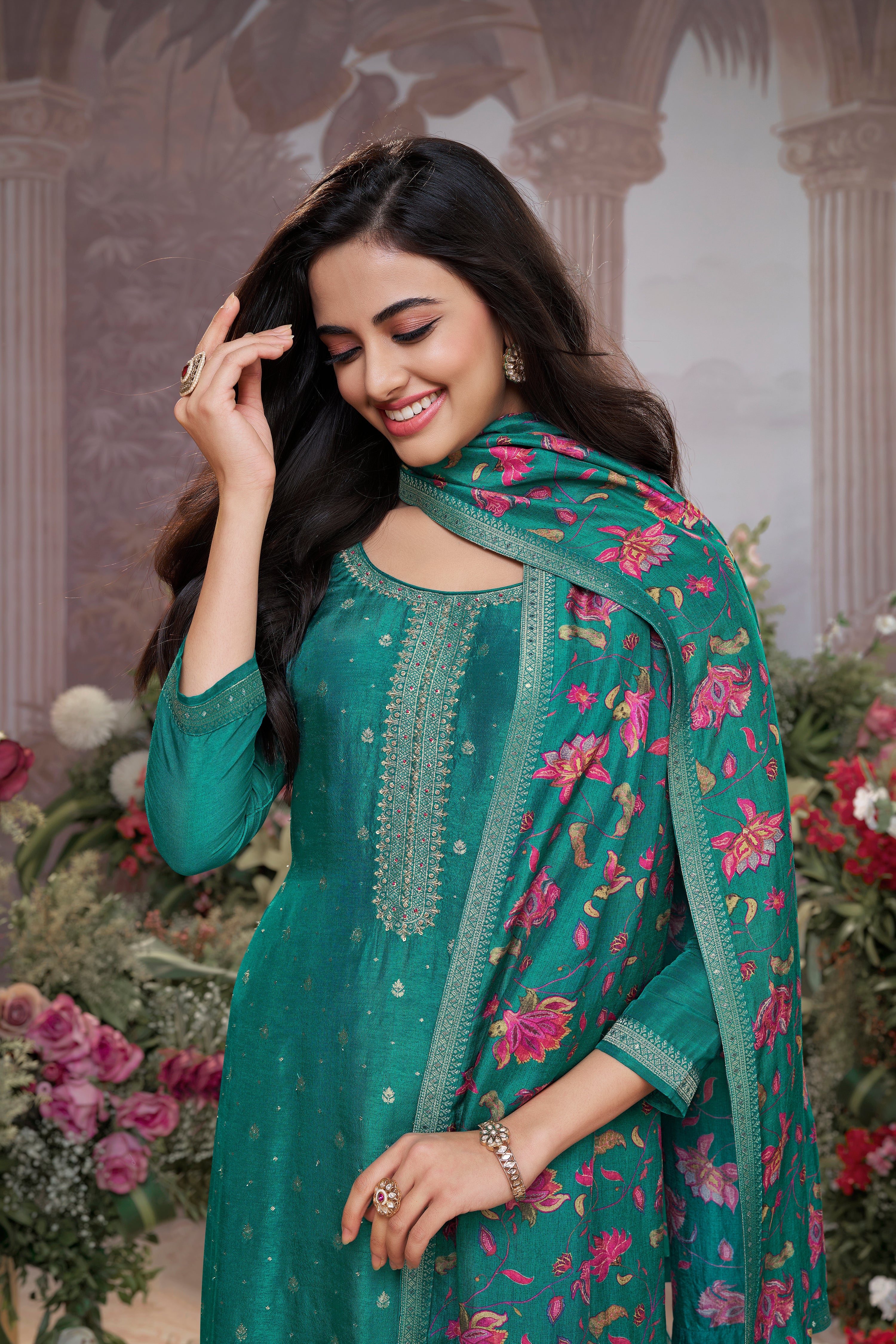 Teal Green  Embellished Premium Silk Pant Set - Image 2