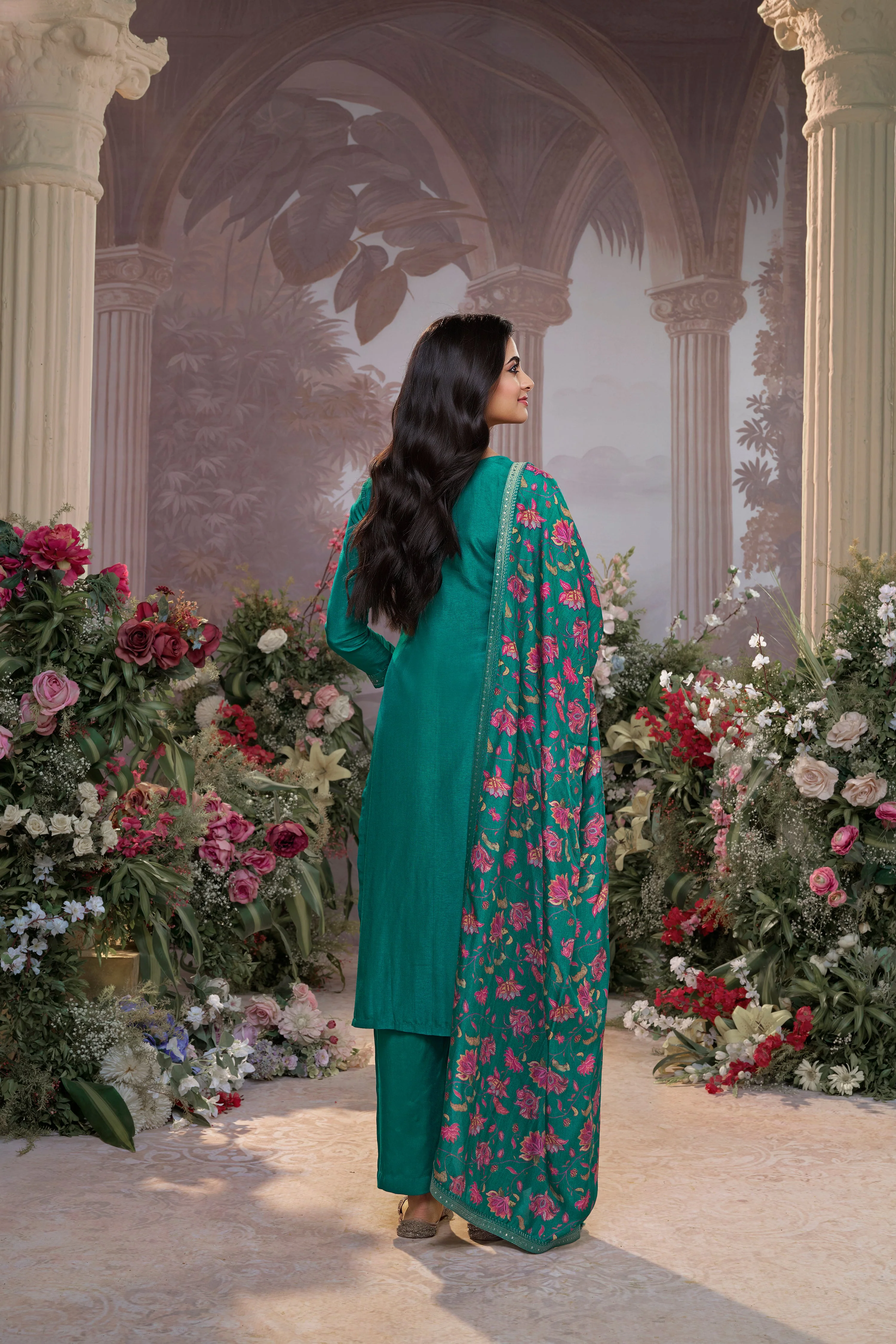 Teal Green  Embellished Premium Silk Pant Set - Image 3