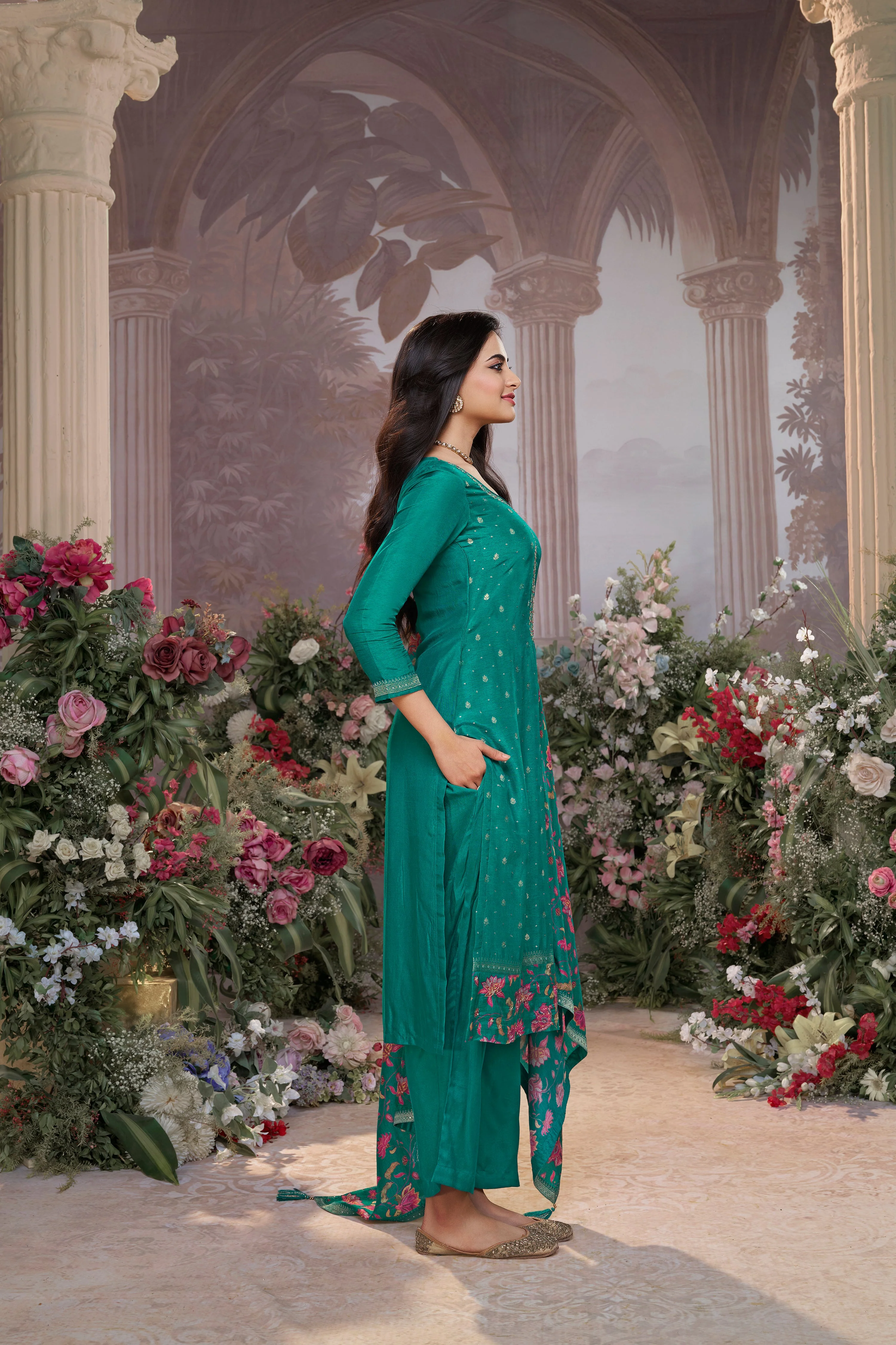 Teal Green  Embellished Premium Silk Pant Set - Image 4