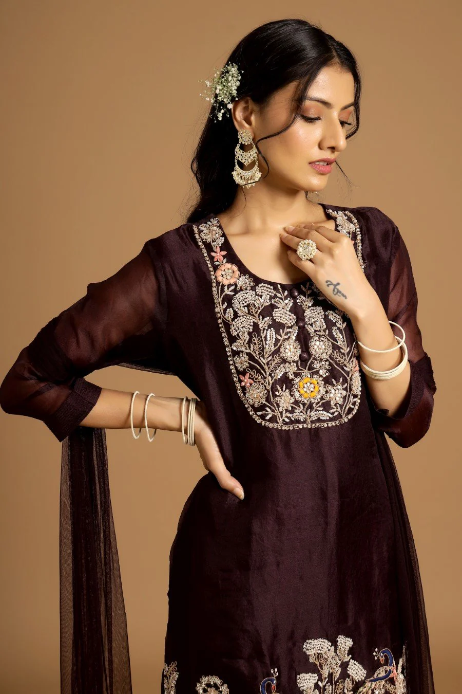 Dark Wine Organza Silk Embroidered Kurta Set - Image 2