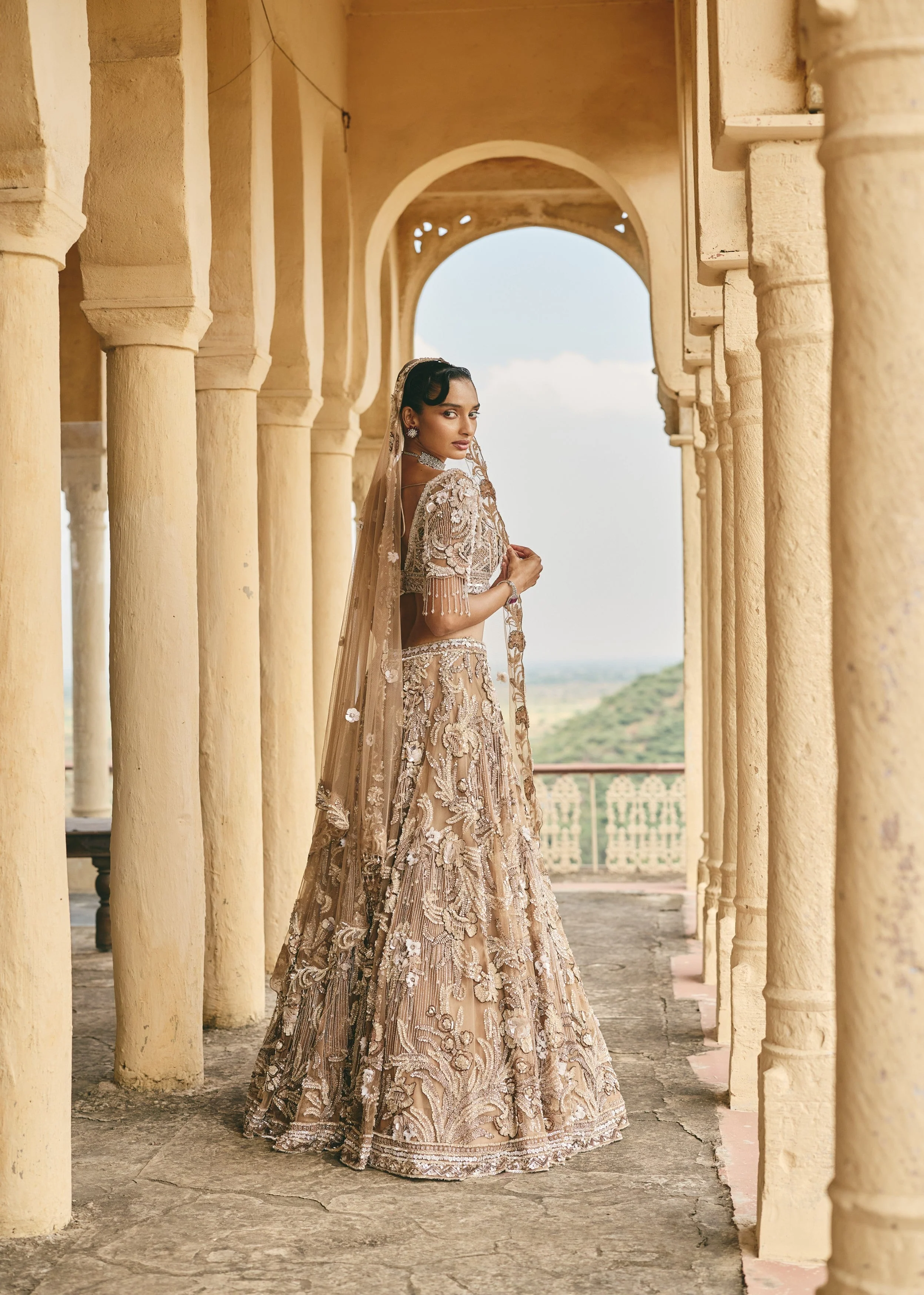Beige-Gold Camellia 3D Floral Embroidered Lehenga Set