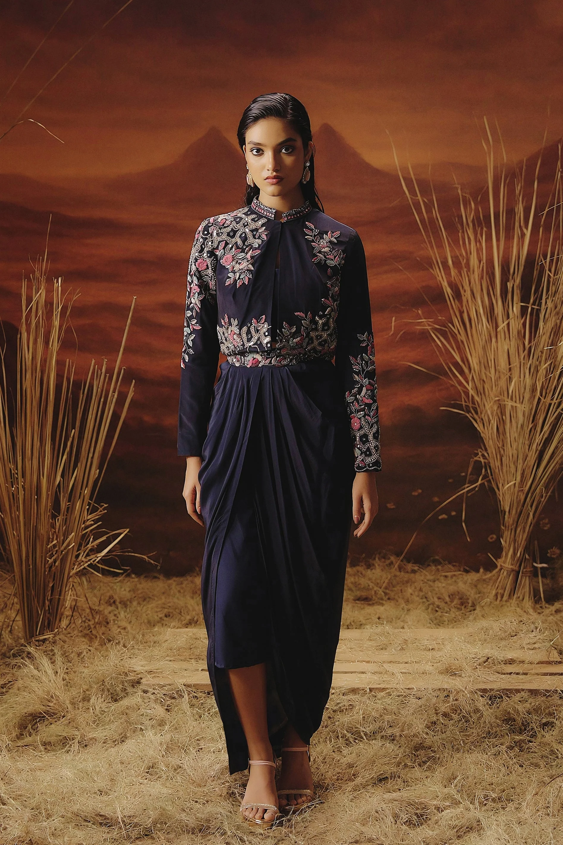 Deep Blue Embellished Satin Silk Drape Skirt With Jacket Set
