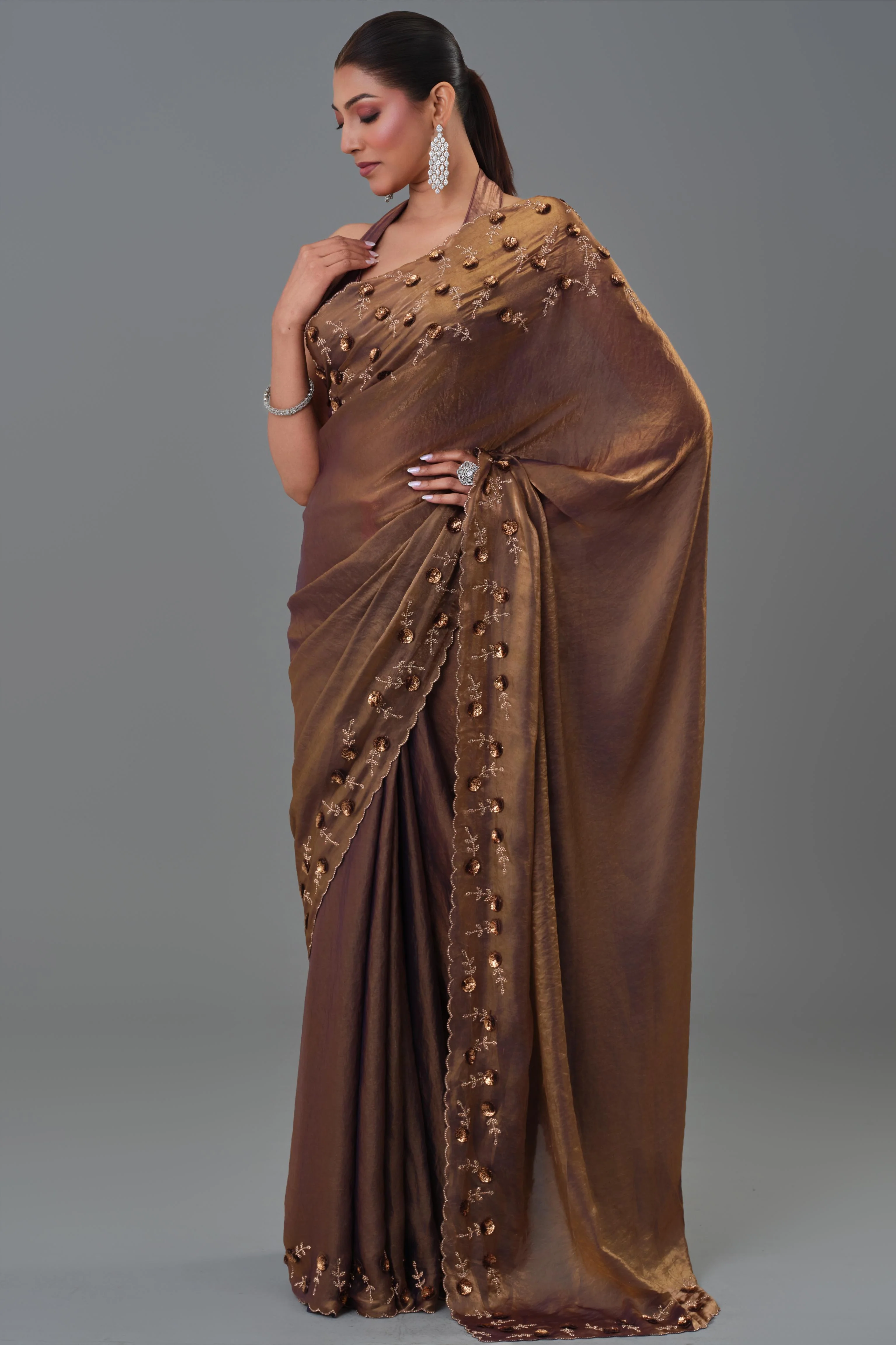 Deep Bronze Embroidered Tissue Silk Saree - Image 2
