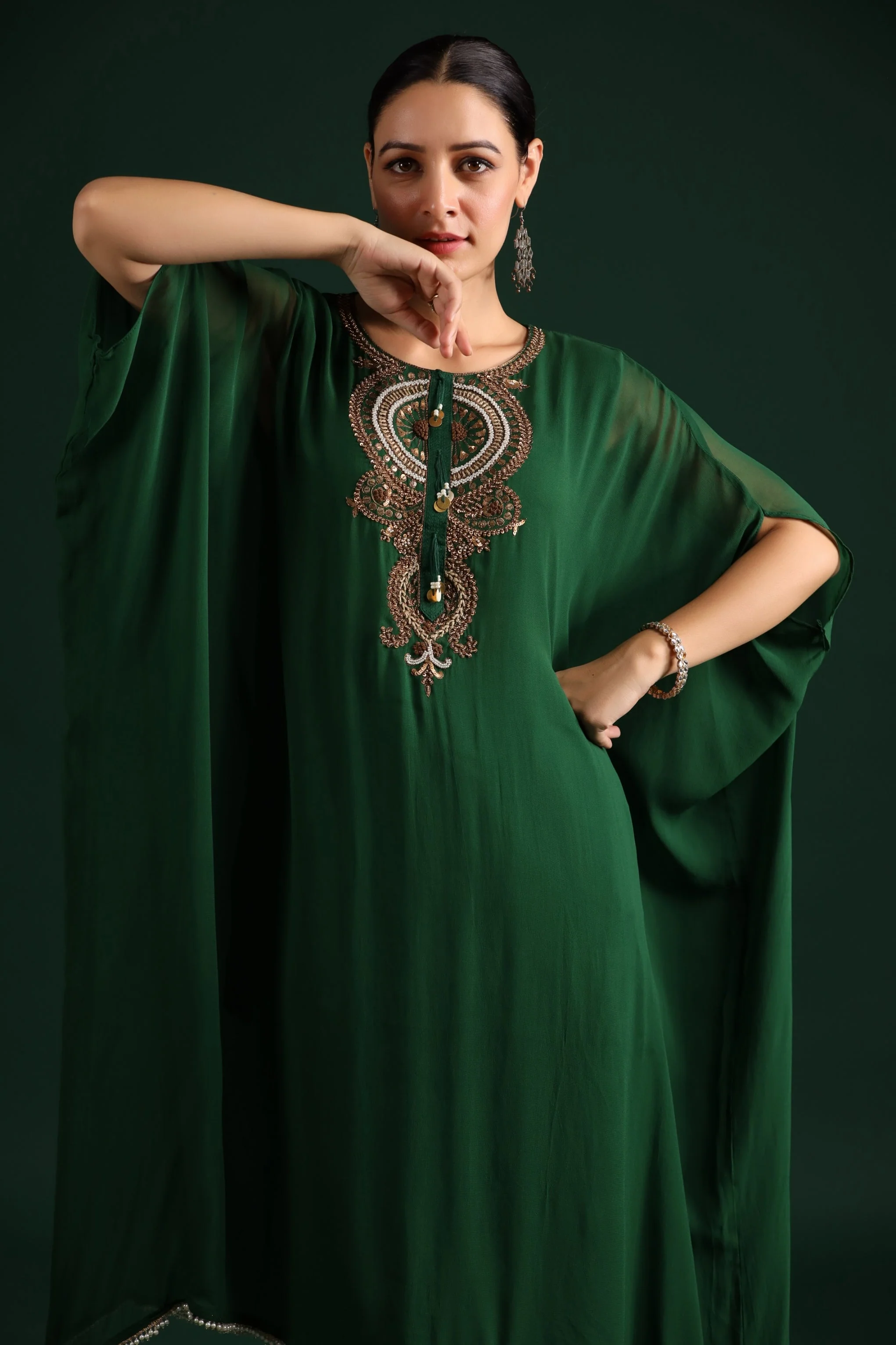 Deep Green Embellished Kaftan Pant Set - Image 2