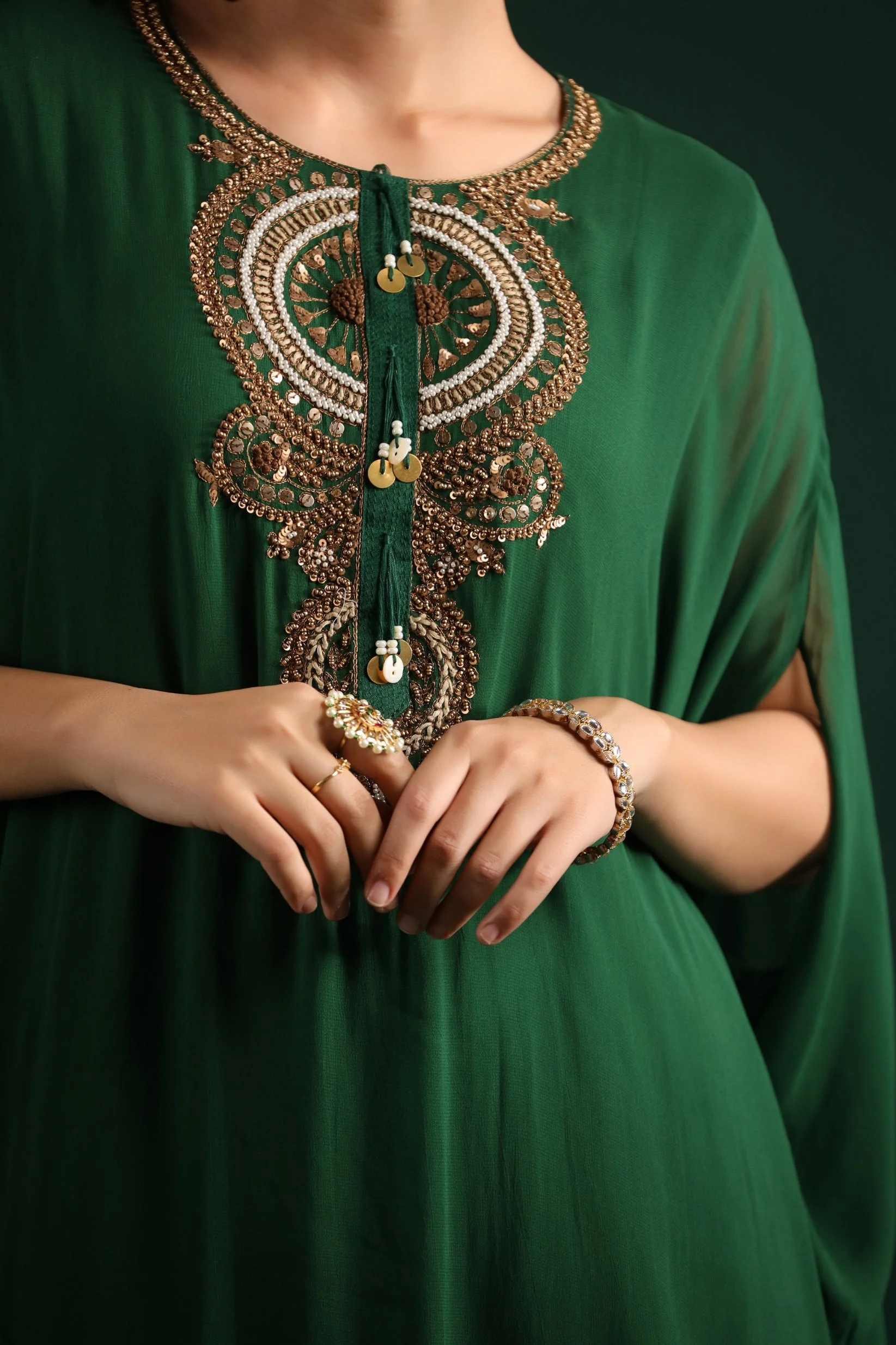 Deep Green Embellished Kaftan Pant Set - Image 6