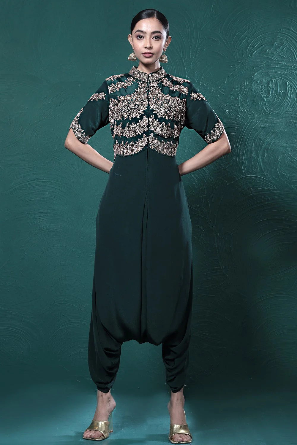 Deep Green Embroidered Crepe Silk Jumpsuit - Image 2