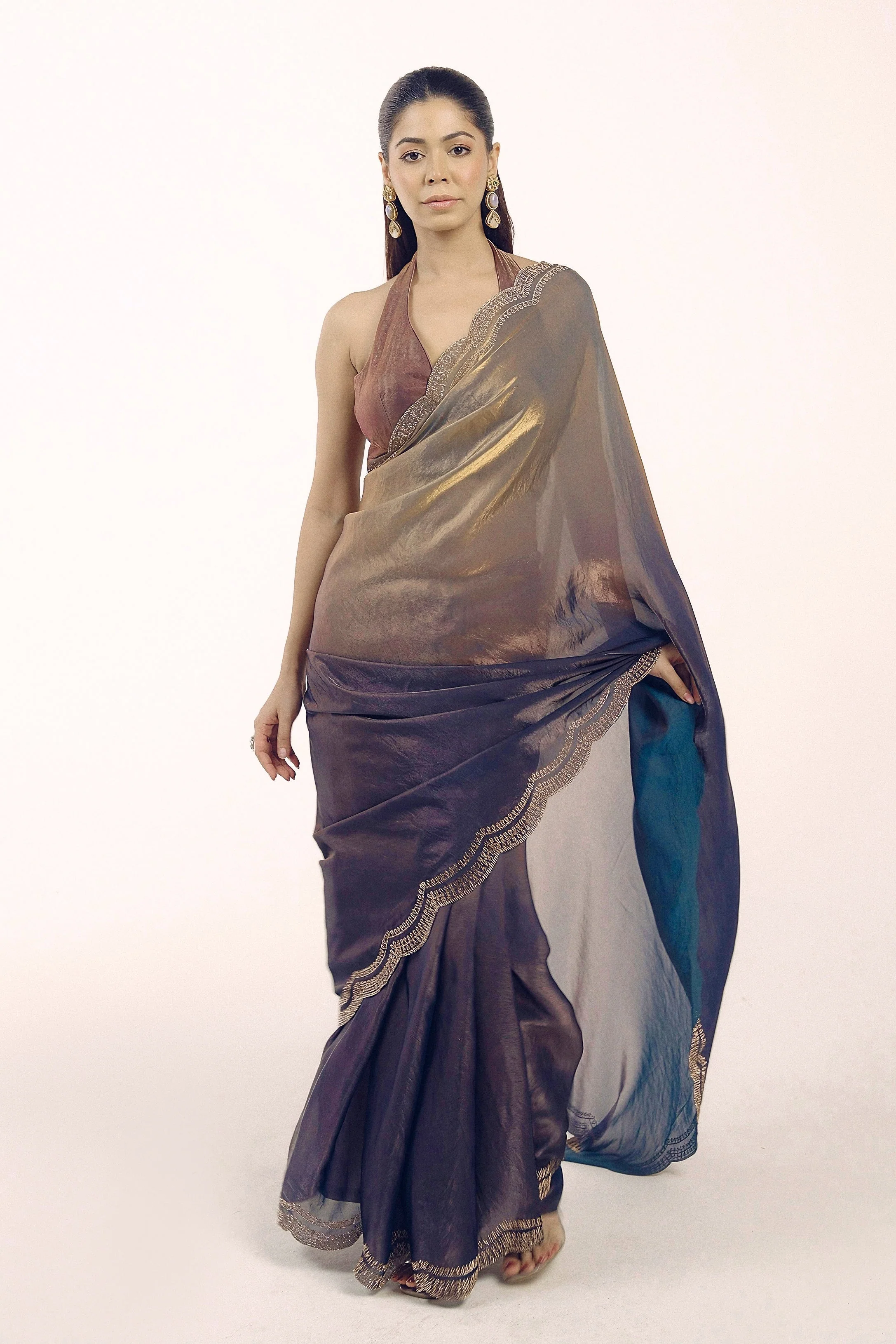 Deep Grey To Blue Ombre Shimmer Tissue Silk Saree