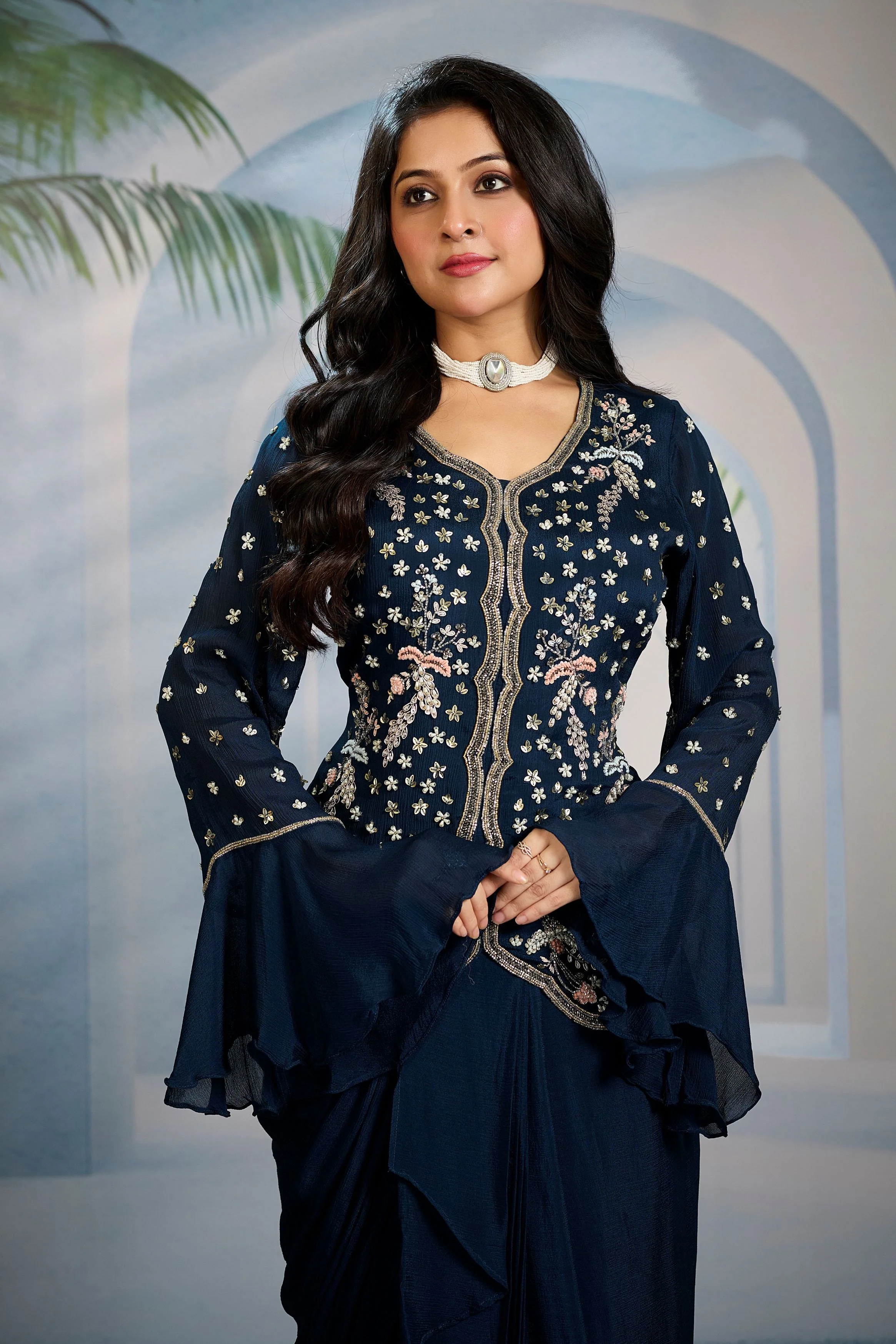 Teal Embellished  Chinon Silk Skirt Set - Image 3