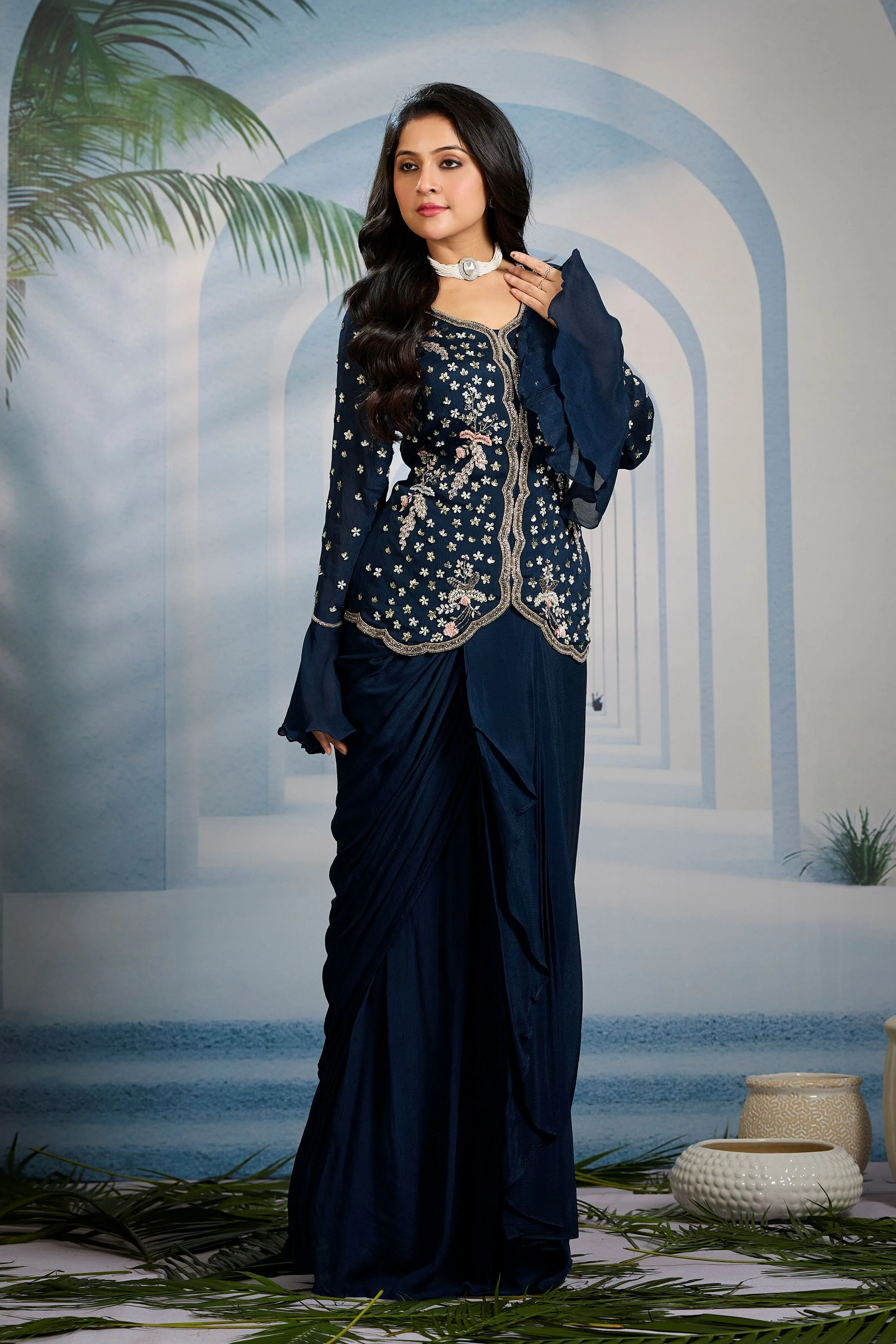 Teal Embellished  Chinon Silk Skirt Set - Image 4