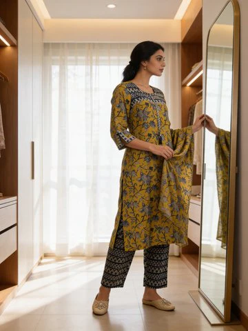 Deep Mustard Yellow Printed Muslin Silk Pant Set