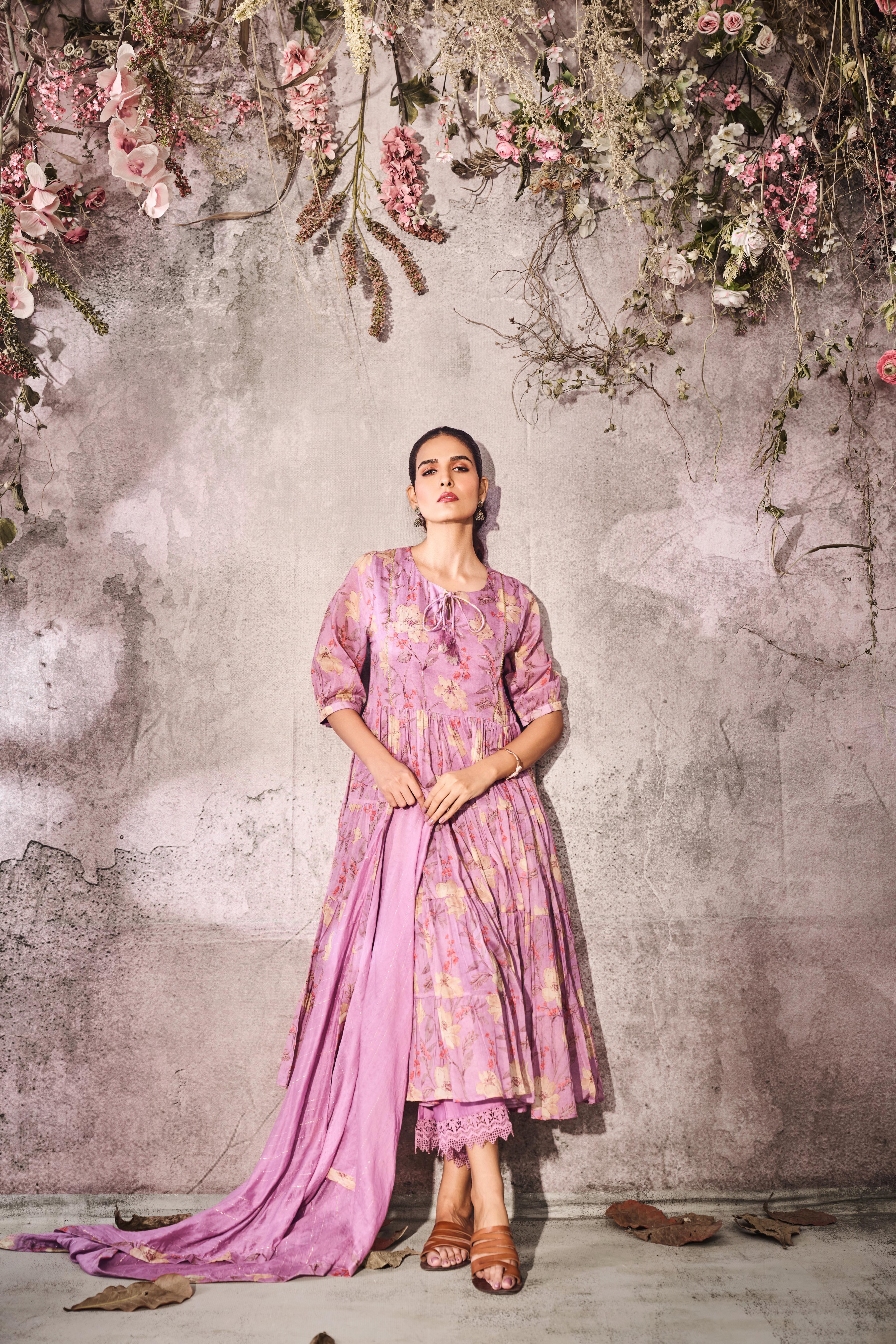 Soft Lilac  Printed Cotton Mul Anarkali Set - Image 3
