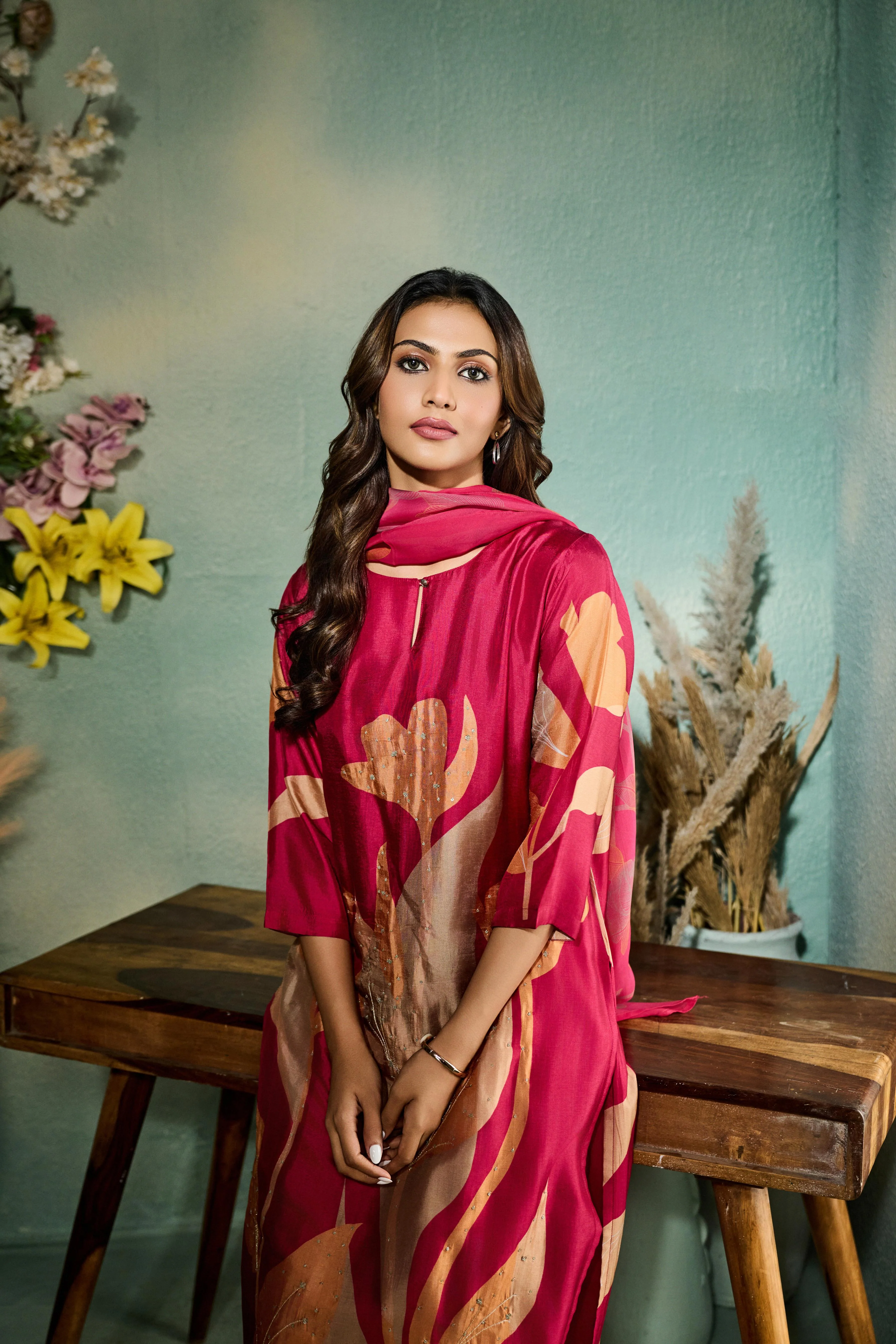 Rani Pink  Printed Muslin Silk Pant Set - Image 2