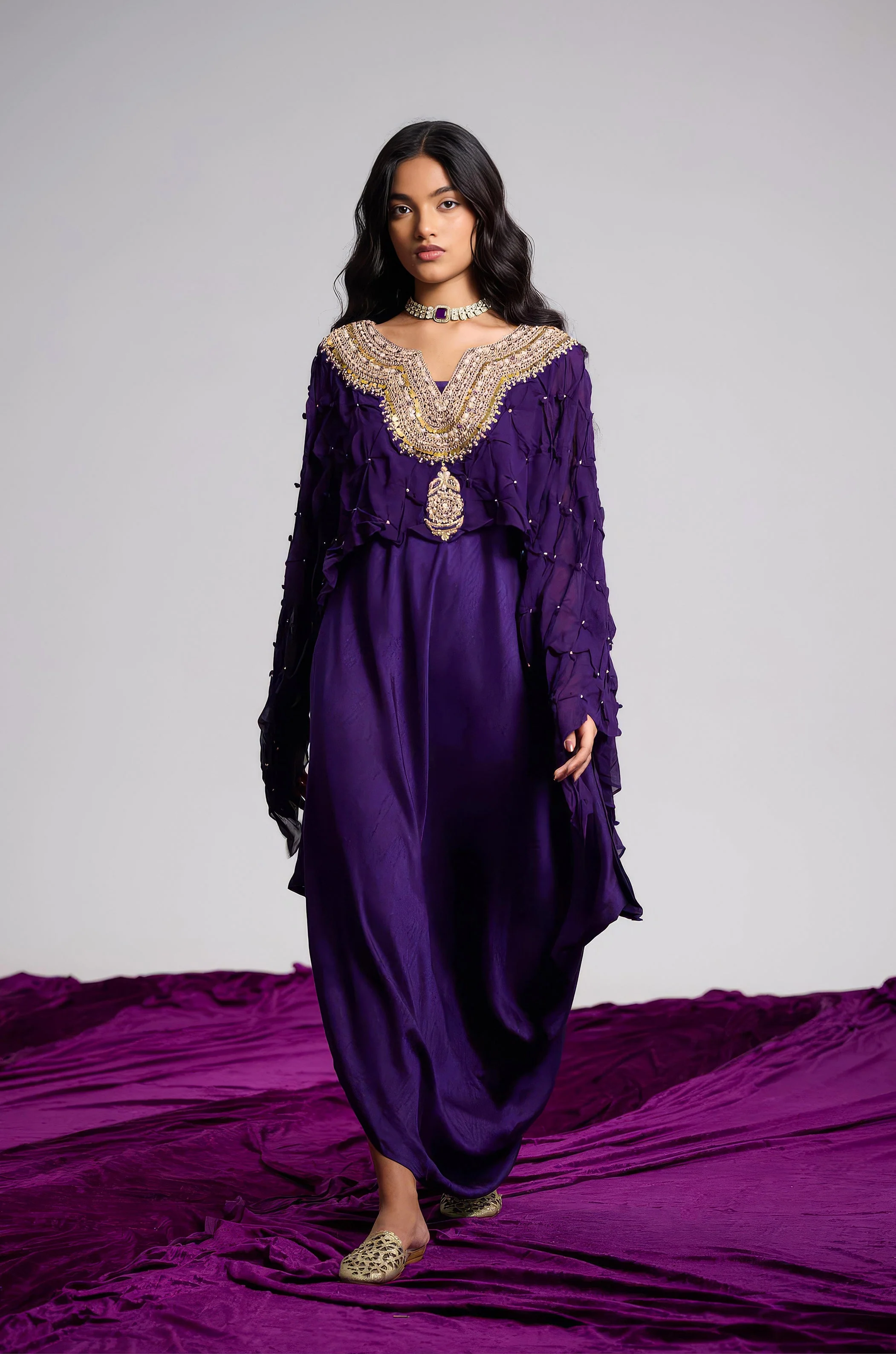 Plum Purple Embellished Georgette Silk Dress