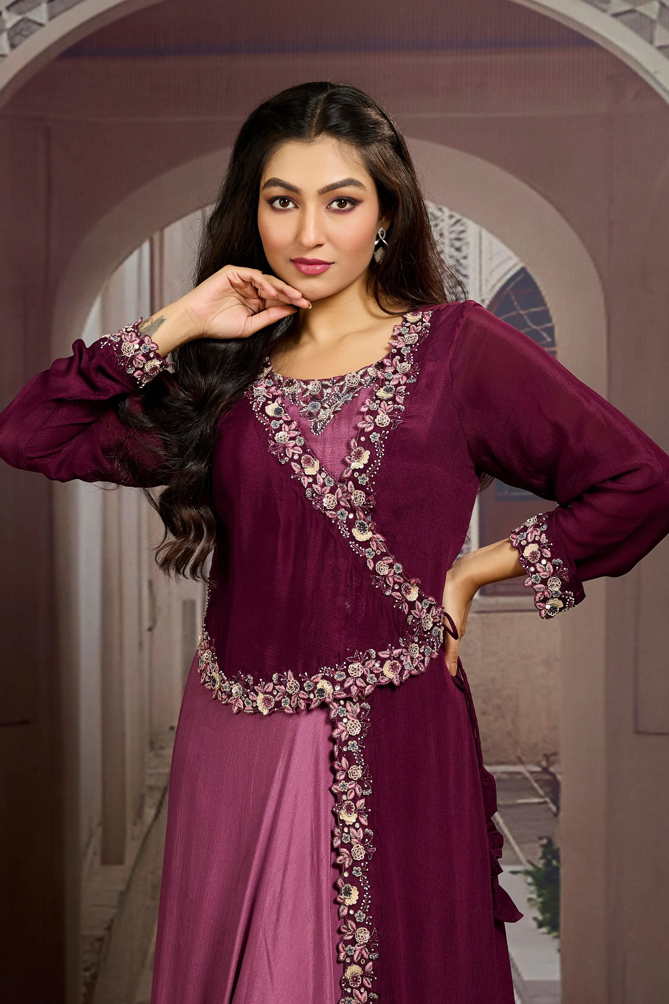 Deep Burgundy Embellished Chinon Silk Gown - Image 2