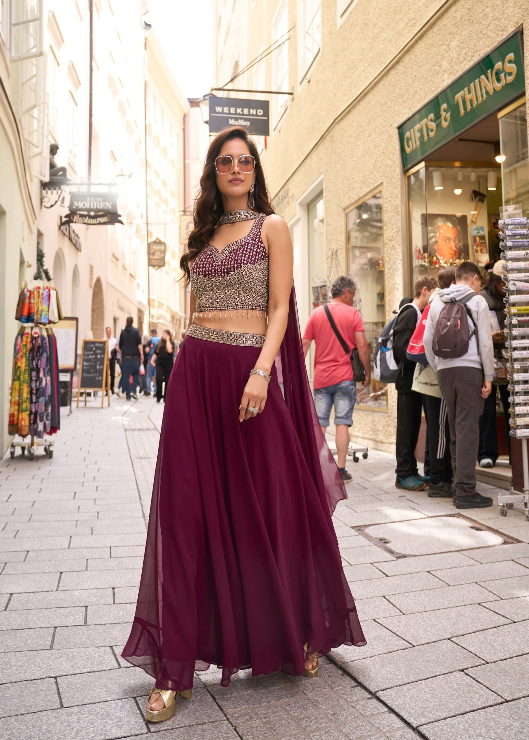 Deep Wine Embellished Georgette Silk Palazzo Set