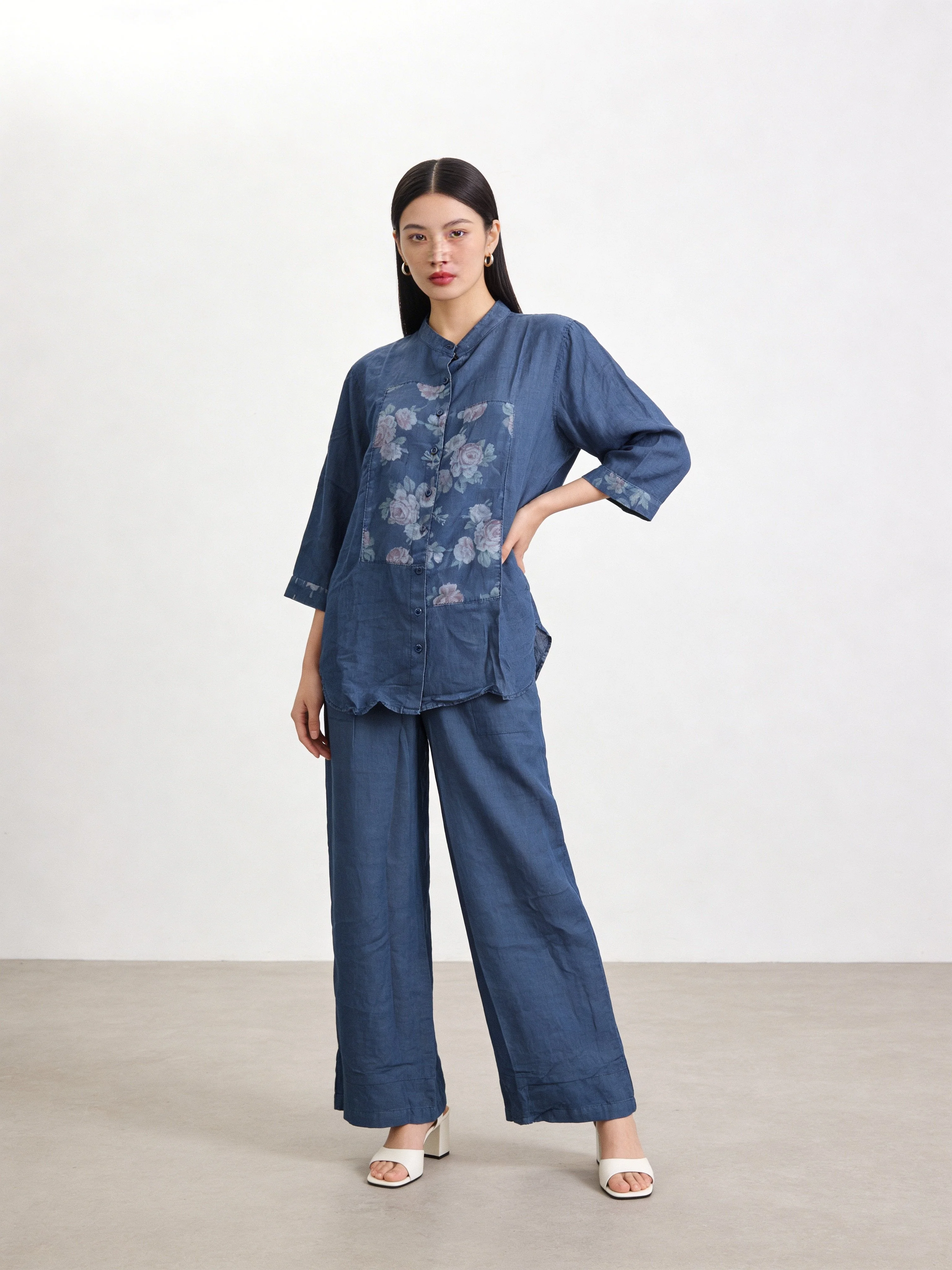 Denim Blue Printed Raw Silk Co-Ord Set