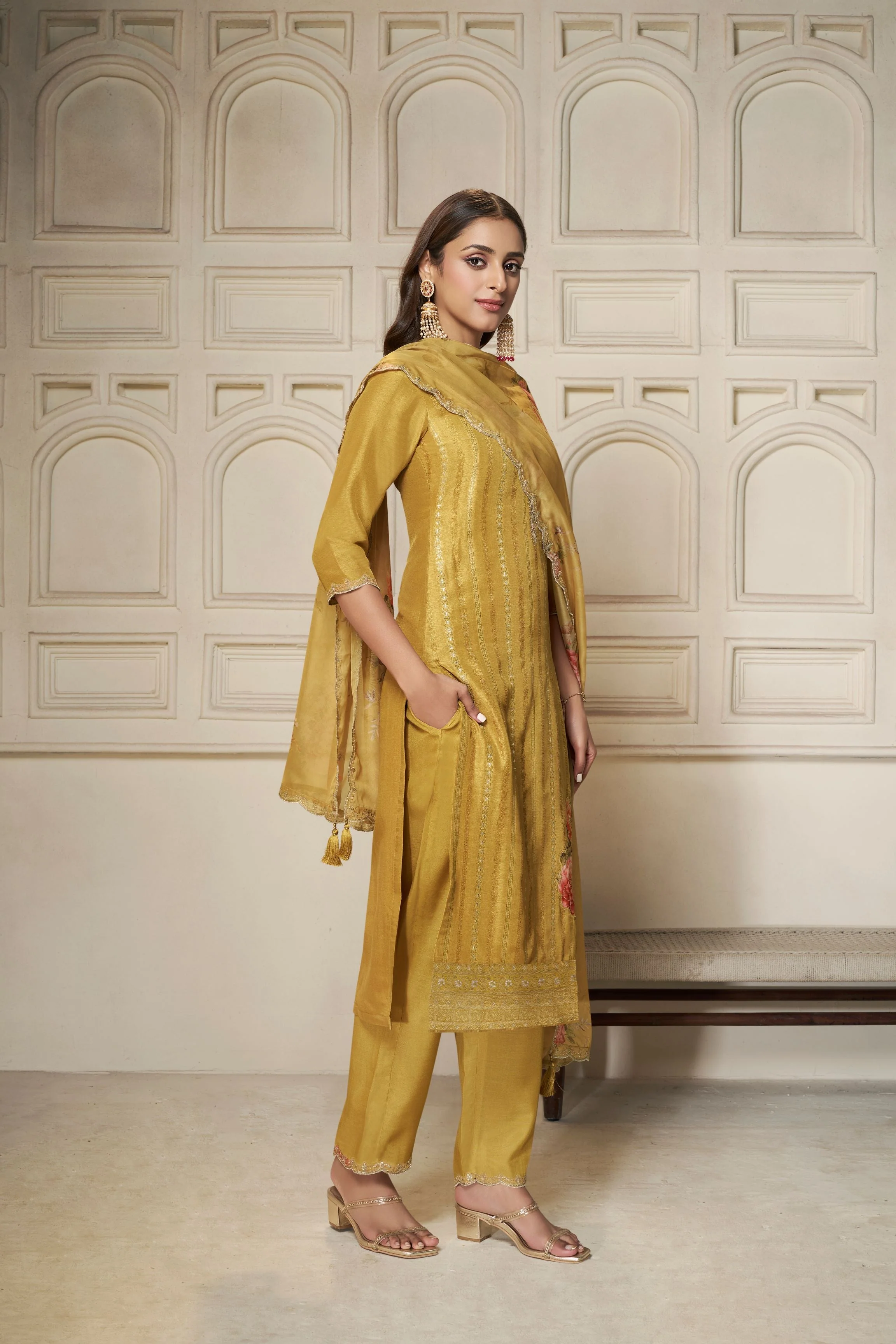 Mustard Dola Silk Kurta & Pant Set - Image 3