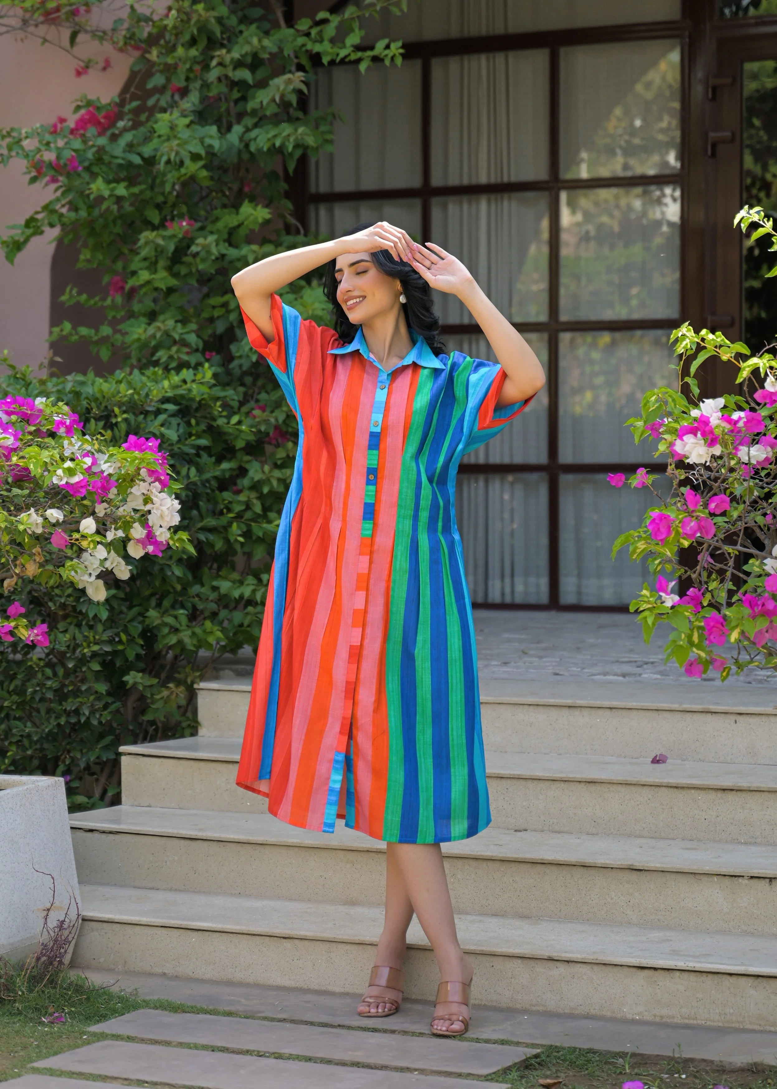 Vibrant Multicolor Striped Cotton Dress - Image 4