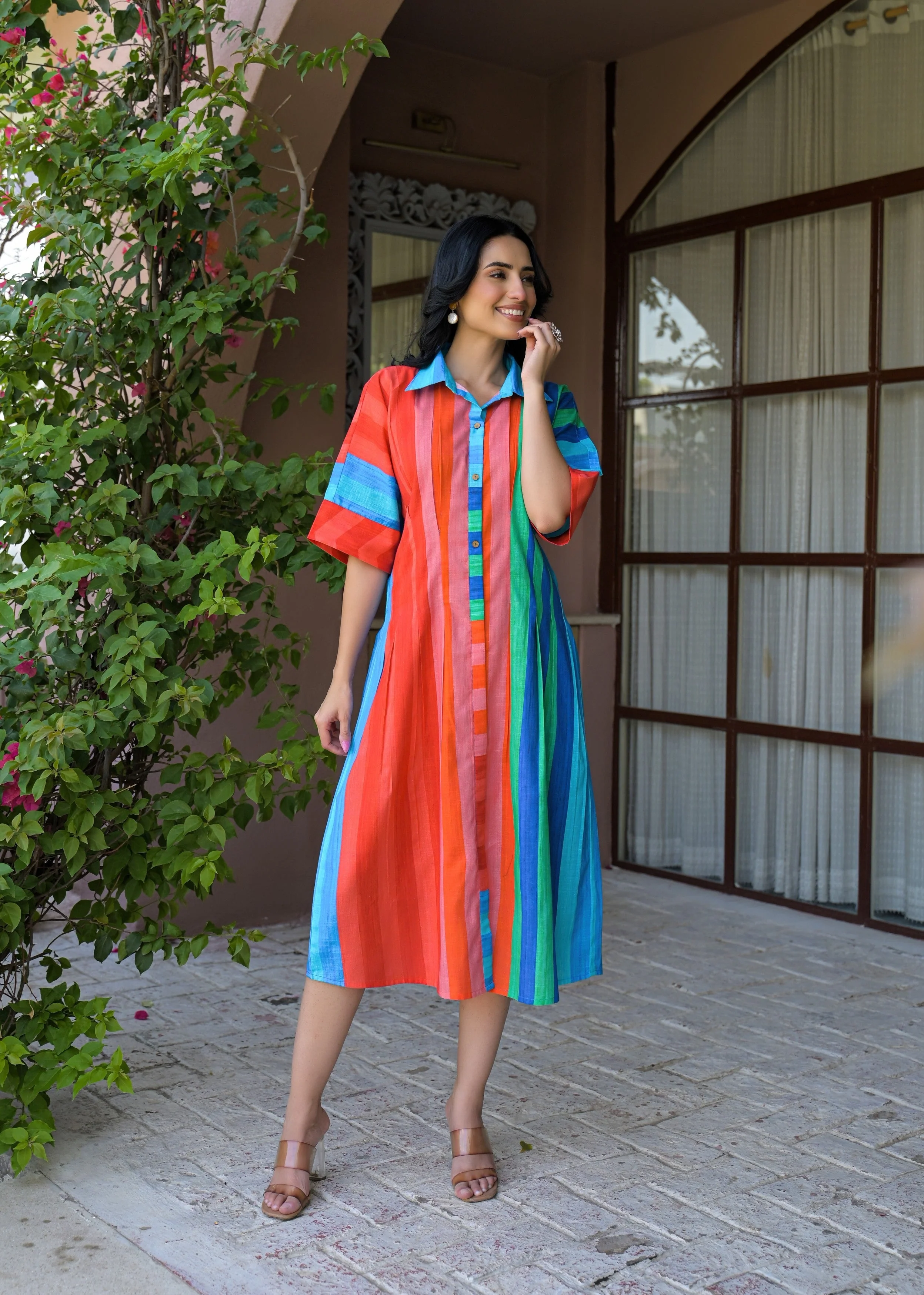 Vibrant Multicolor Striped Cotton Dress - Image 6