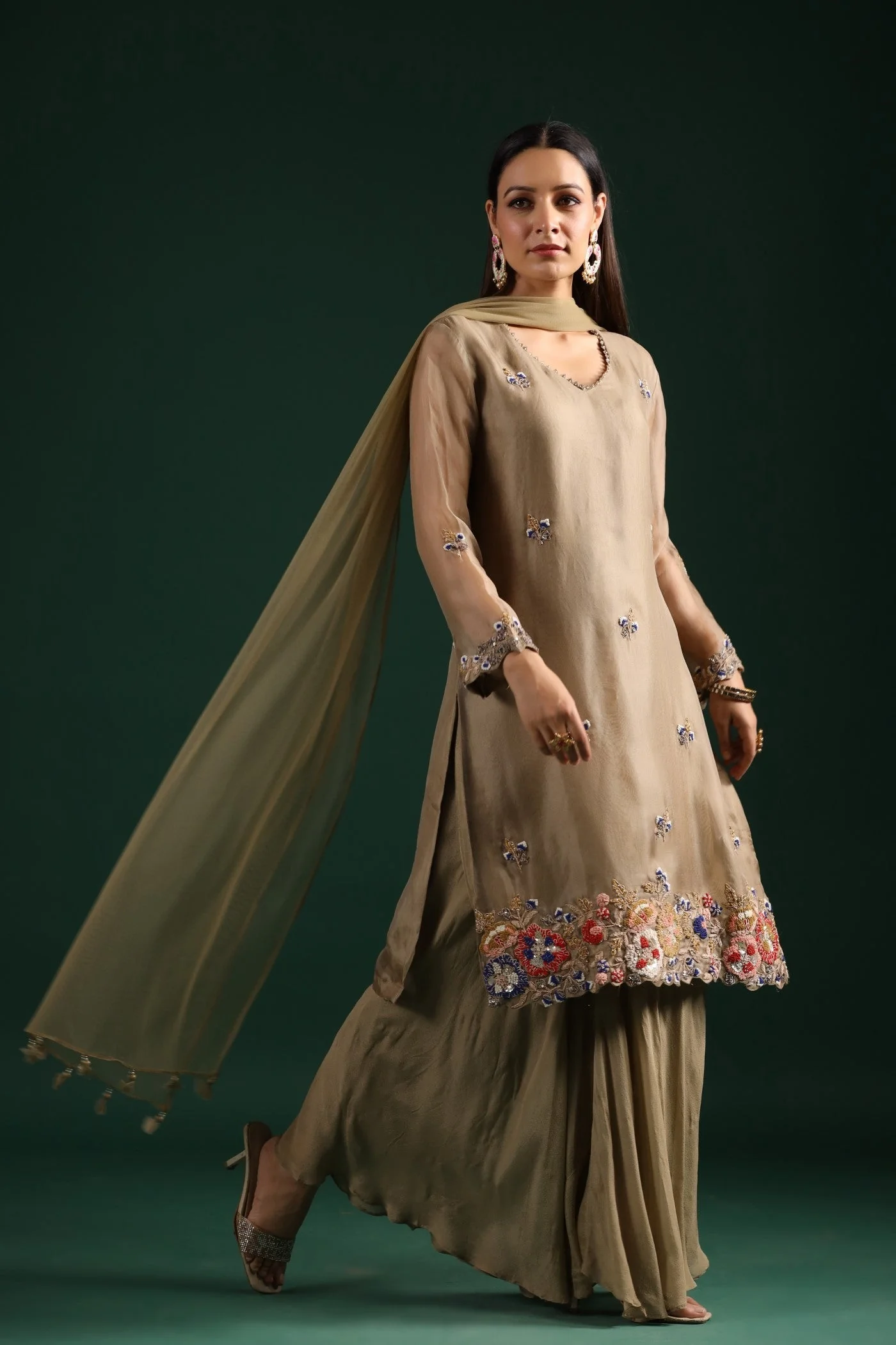 Dusky Green Embroidered Kurta Palazzo Set - Image 3