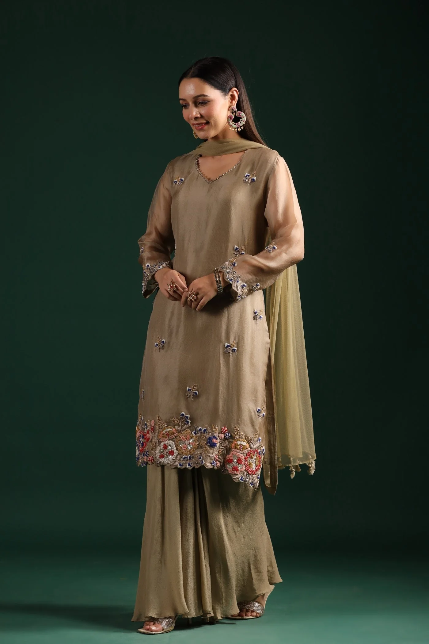 Dusky Green Embroidered Kurta Palazzo Set - Image 4