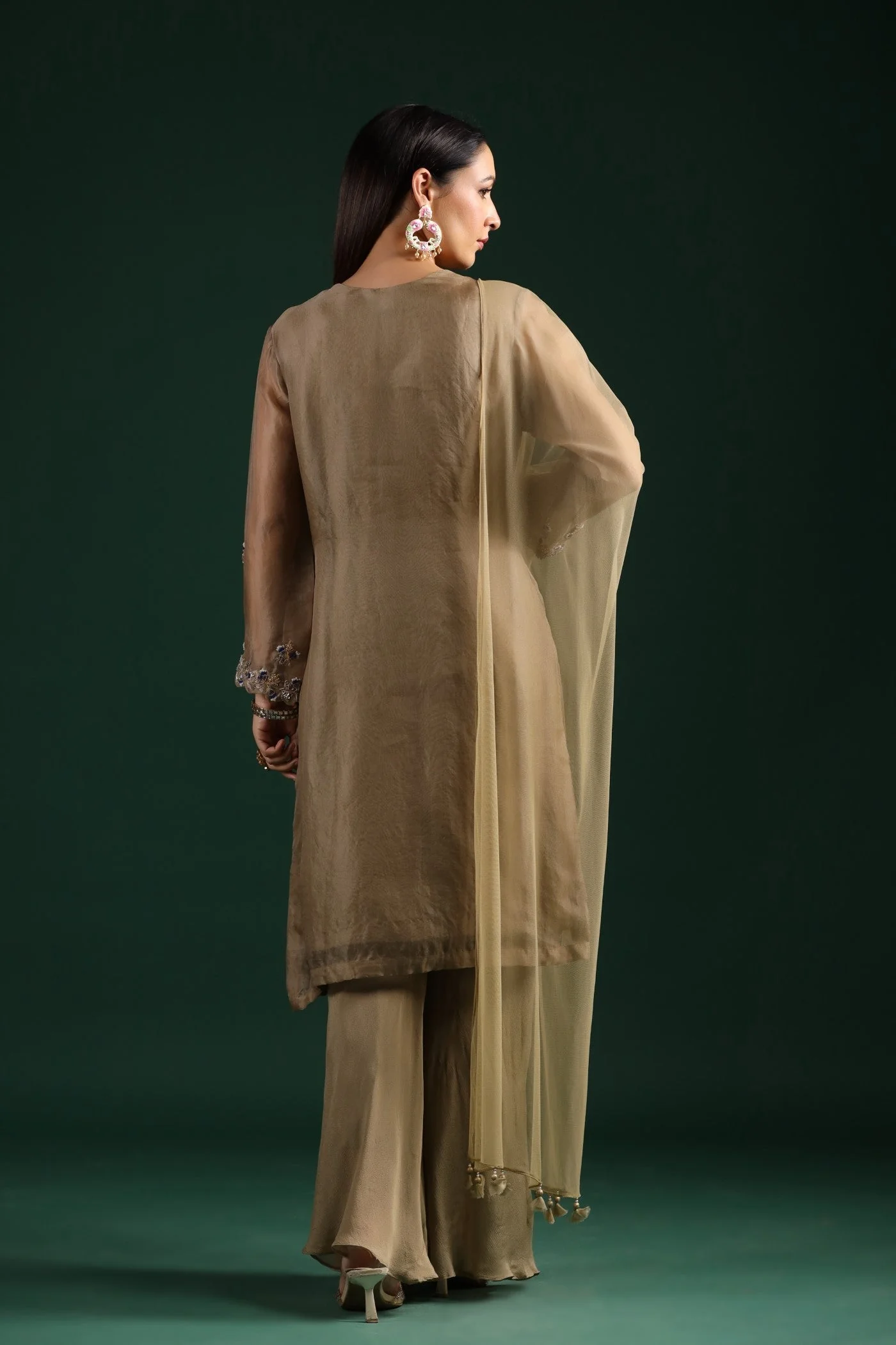 Dusky Green Embroidered Kurta Palazzo Set - Image 6