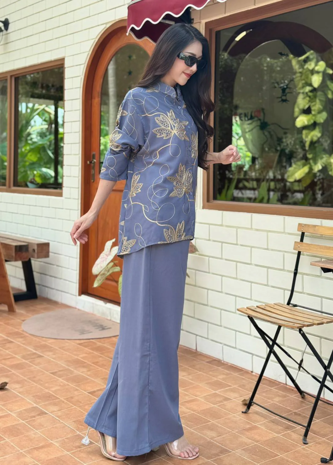 Dusty Blue Embellished Crepe Silk Co-Ord Set - Image 4