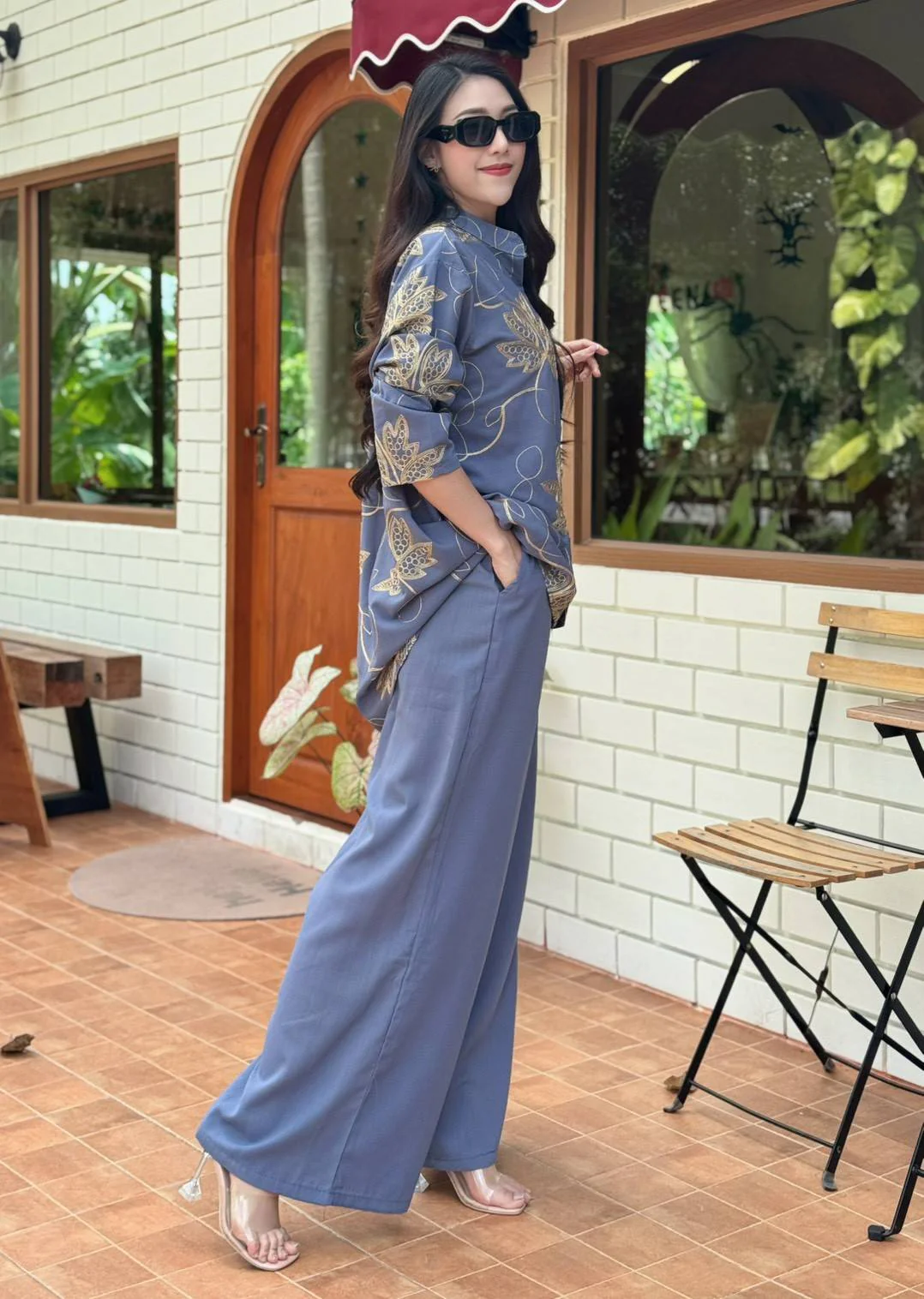 Dusty Blue Embellished Crepe Silk Co-Ord Set - Image 5