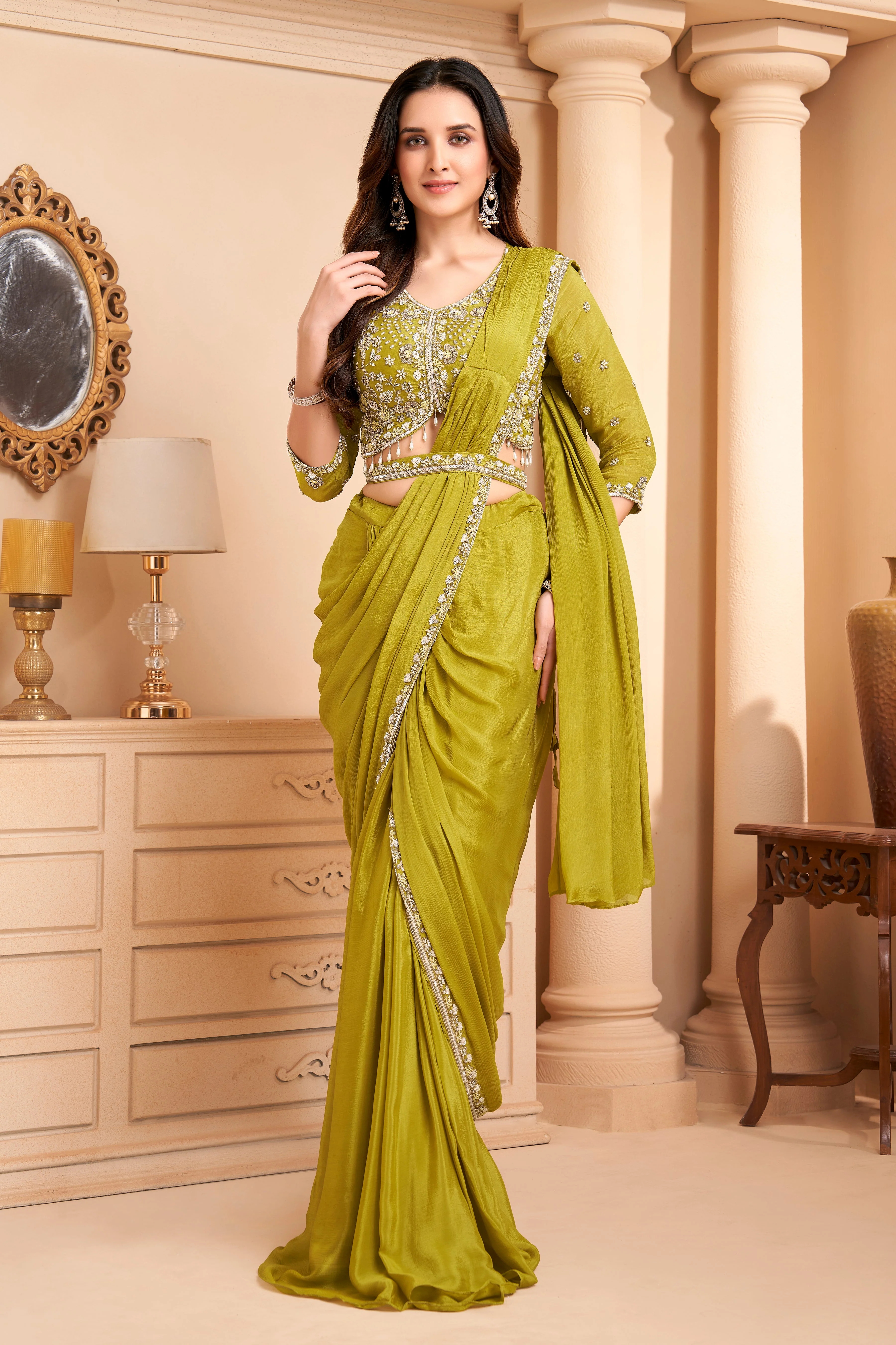Mustard Green Embellished  Crepe Silk Drape Saree - Image 3