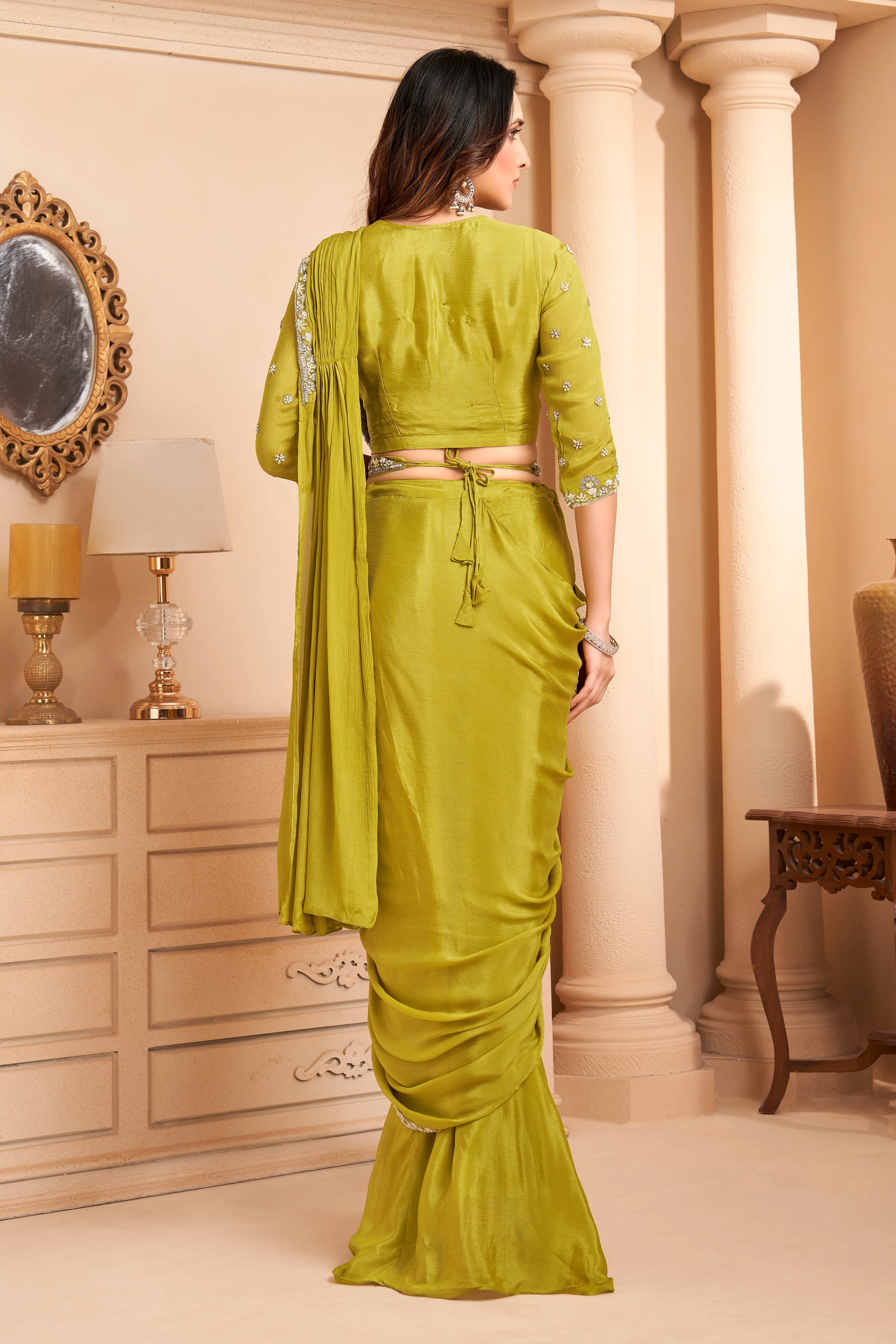 Mustard Green Embellished  Crepe Silk Drape Saree - Image 4