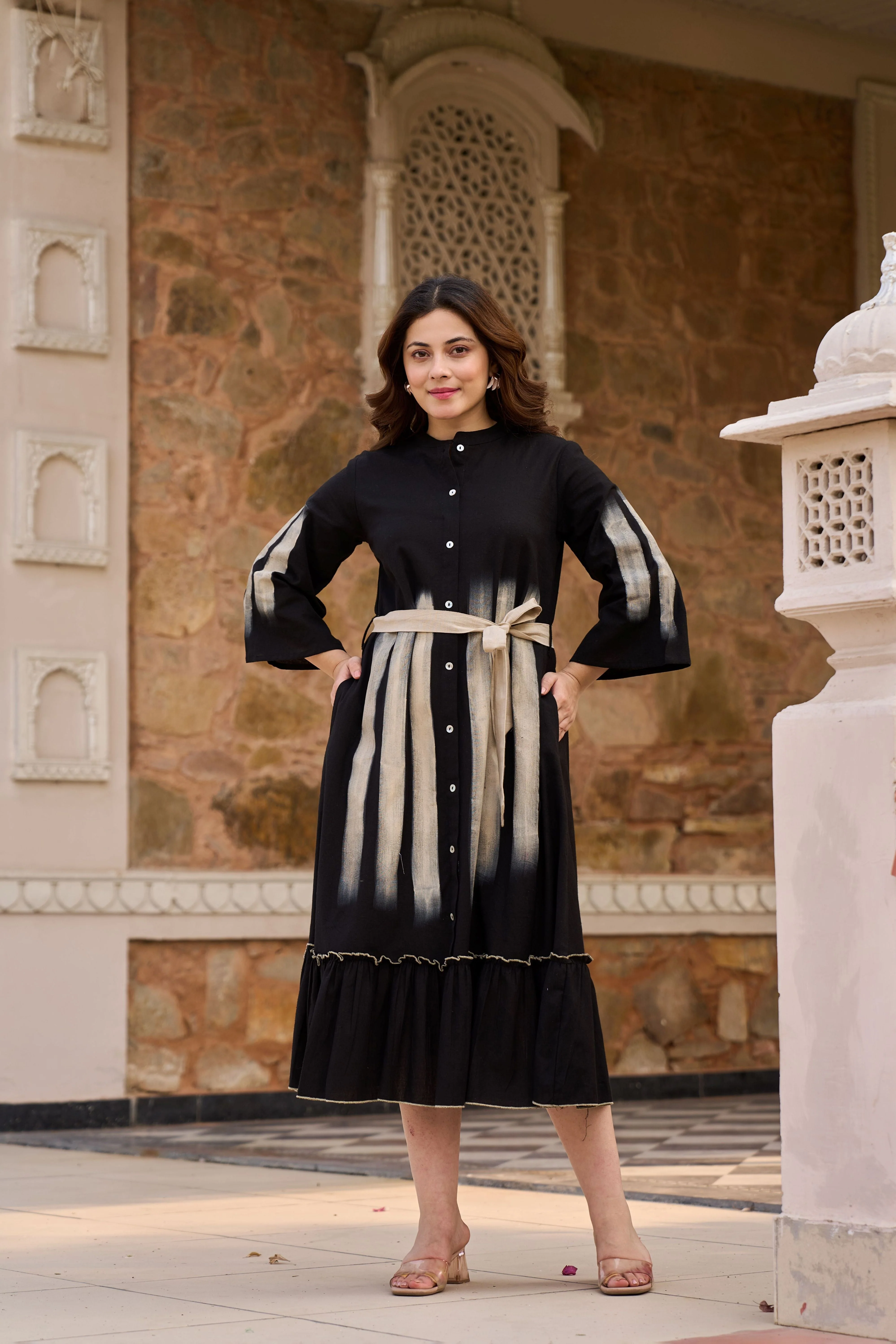 Ebony Hand-Painted Cotton Linen Midi Dress