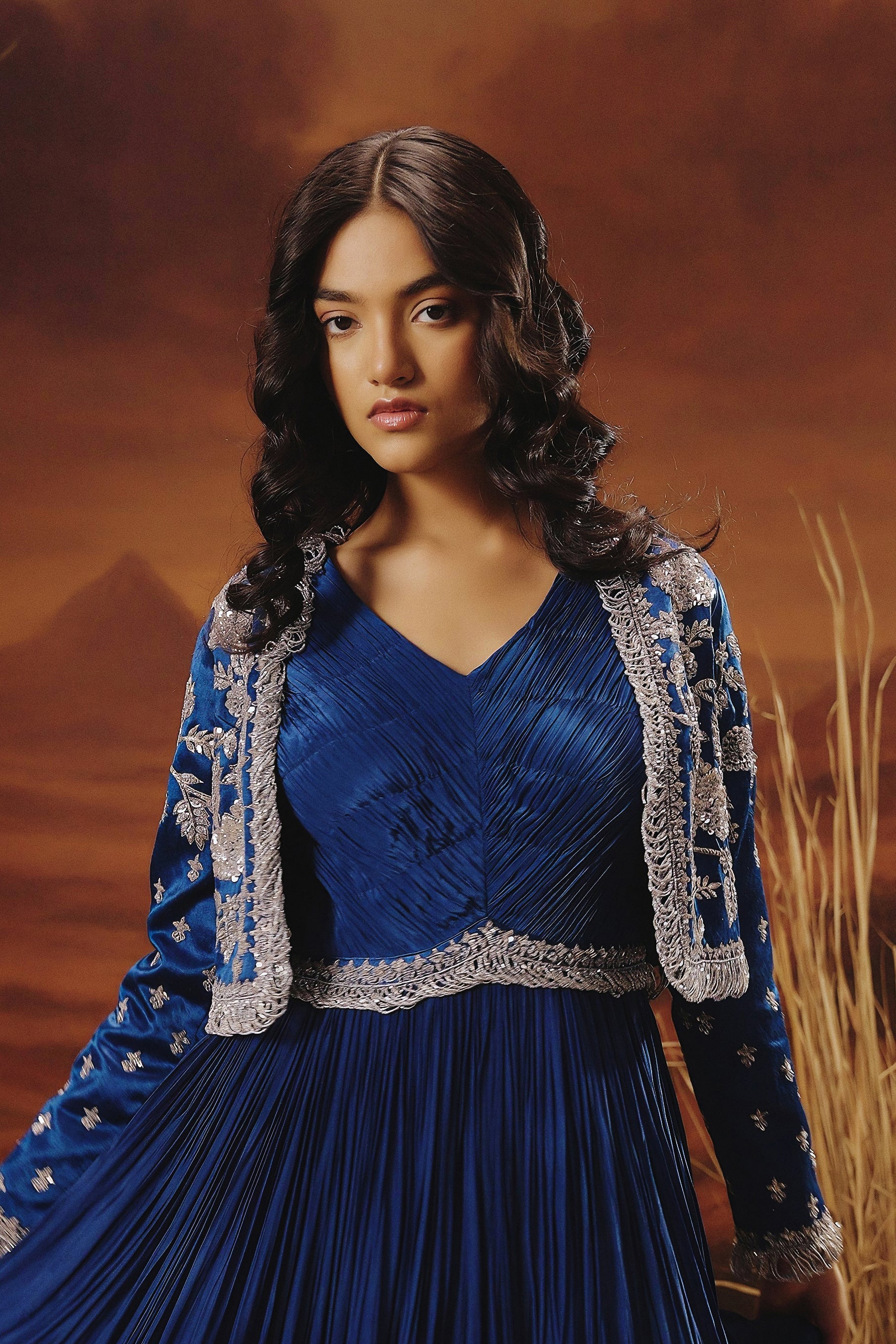 Royal Blue Embellished Premium Jacket Gown Set - Image 2
