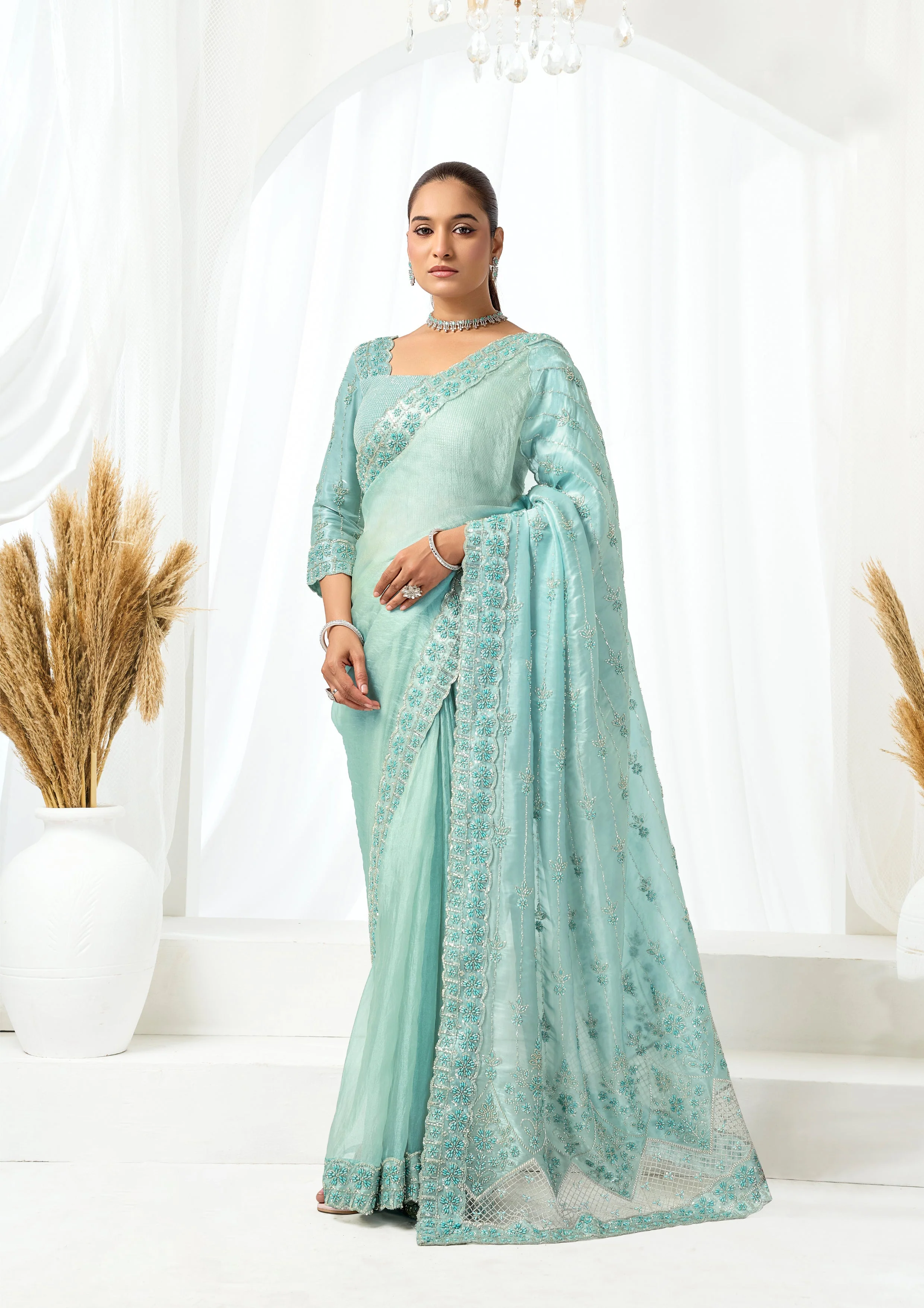 Seafoam Pearl Embellished Organza Satin Saree