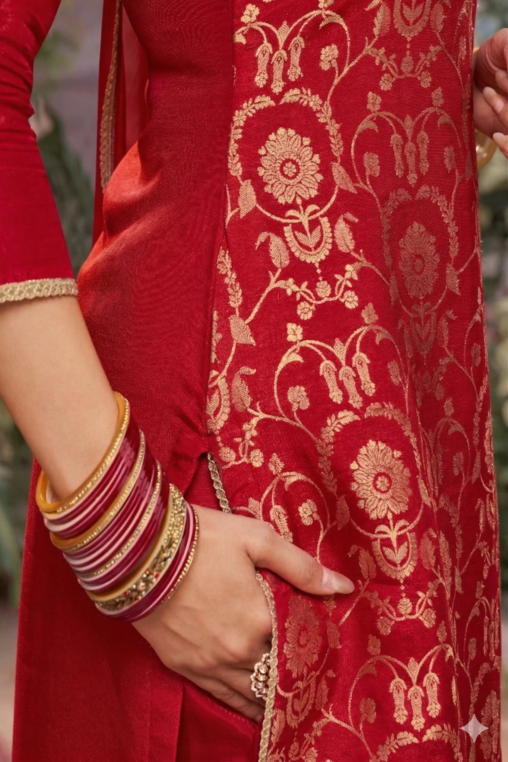 Hot Red Embellished Brocade Silk Pant Set - Image 2