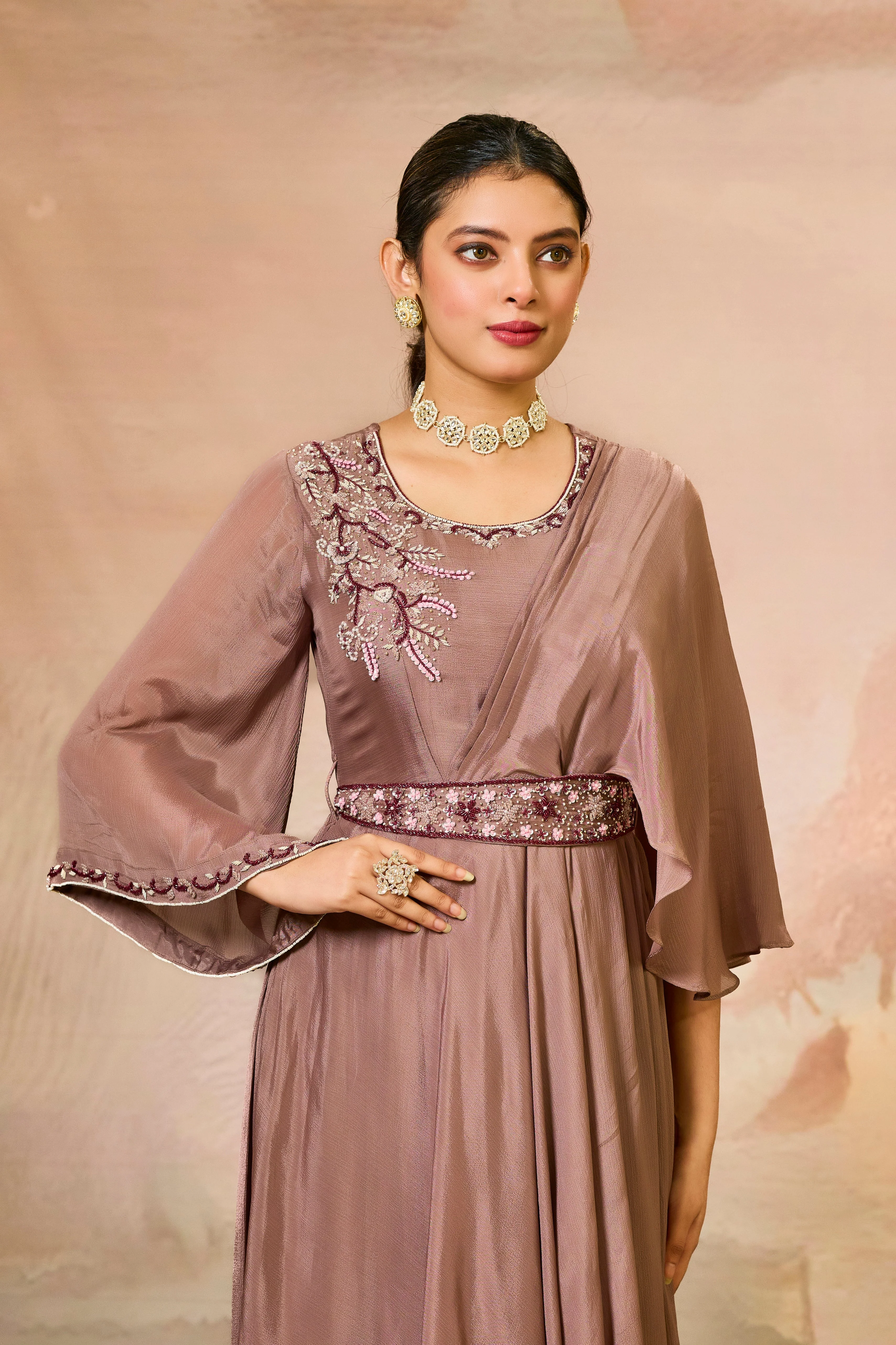 Brown Embellished Chinon Silk Cowl Gown - Image 2
