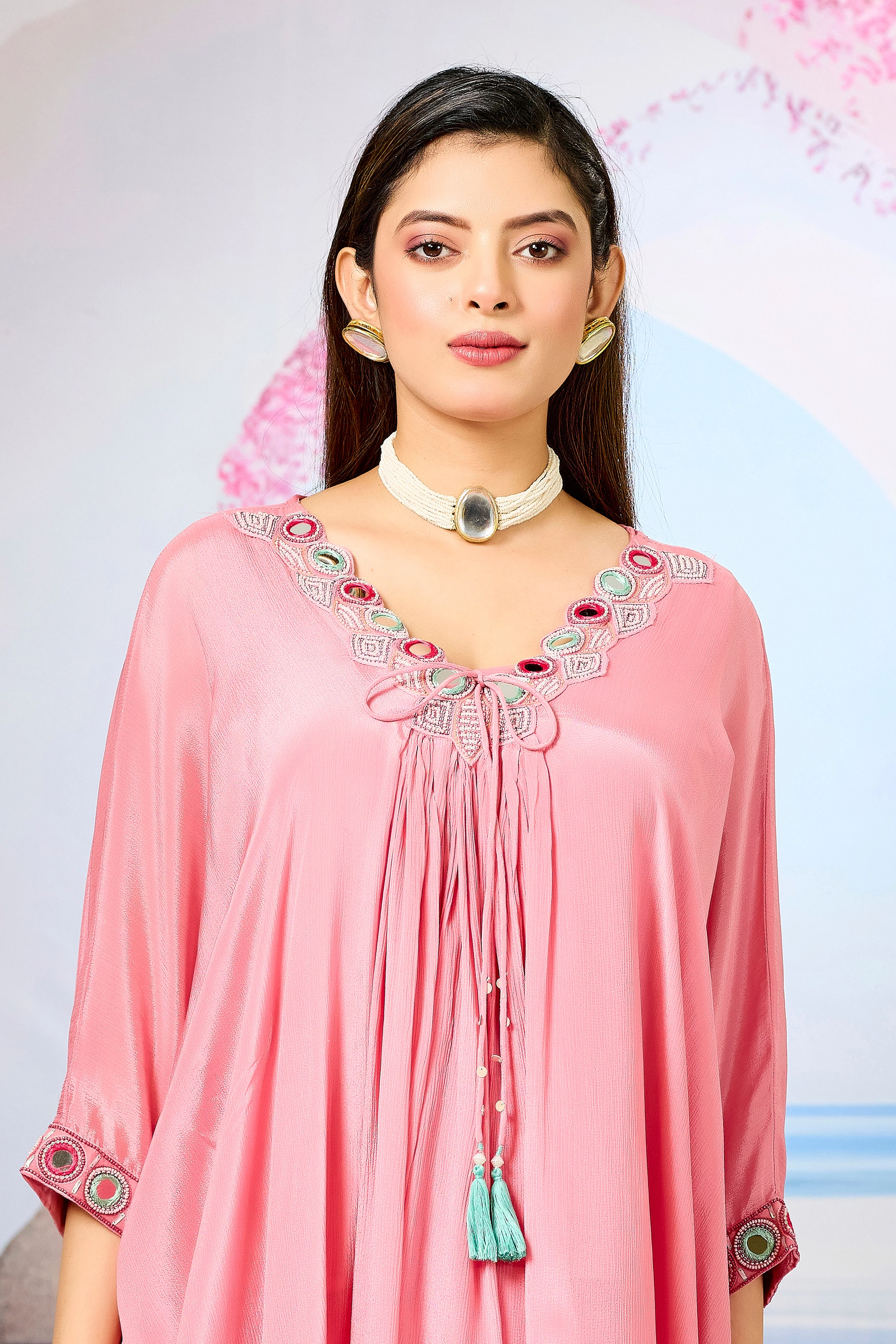Pink Embellished Chinon Silk Kaftan Set - Image 2