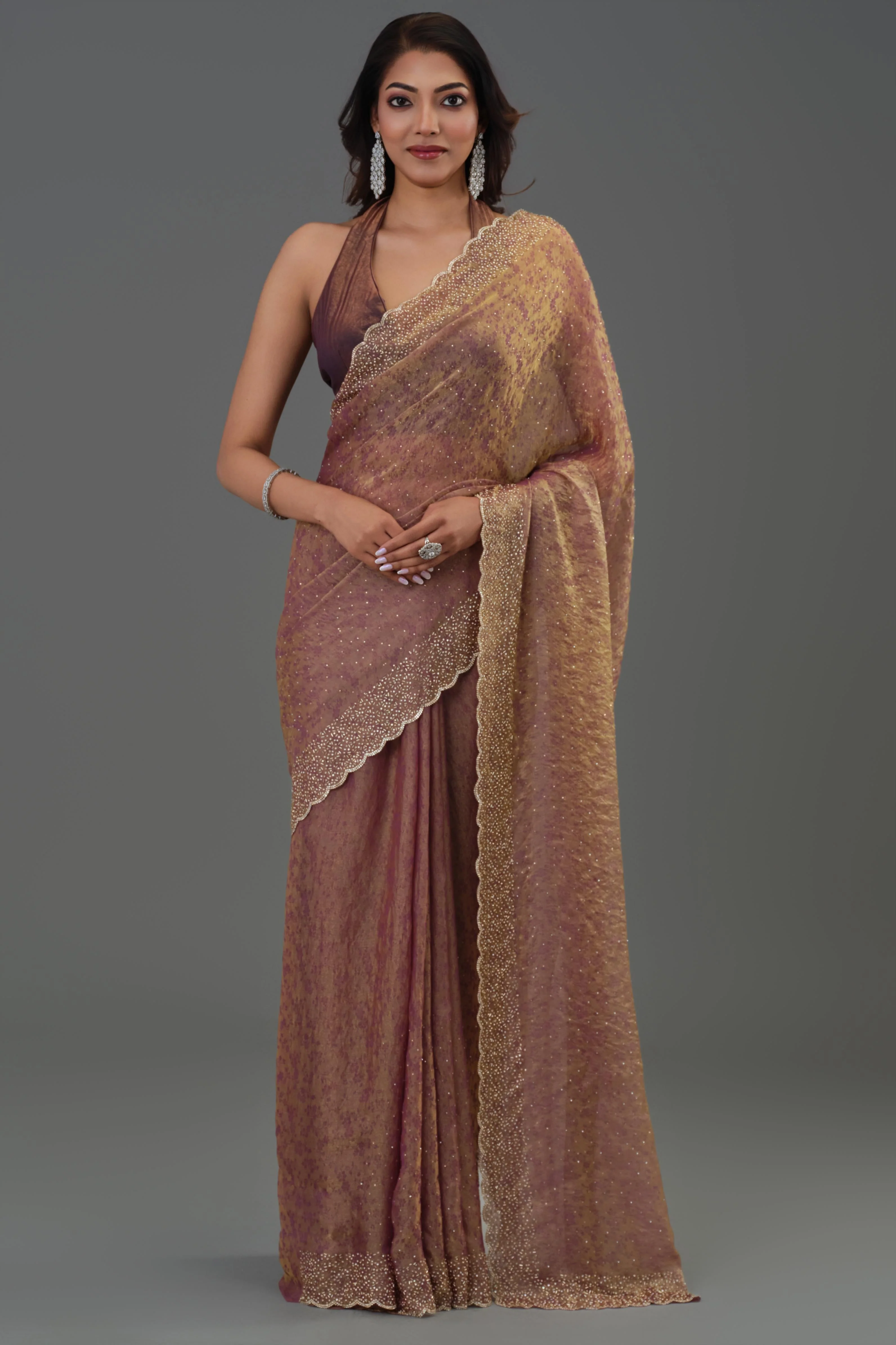 Rose Gold Embellished Cosmo Tissue Silk Saree