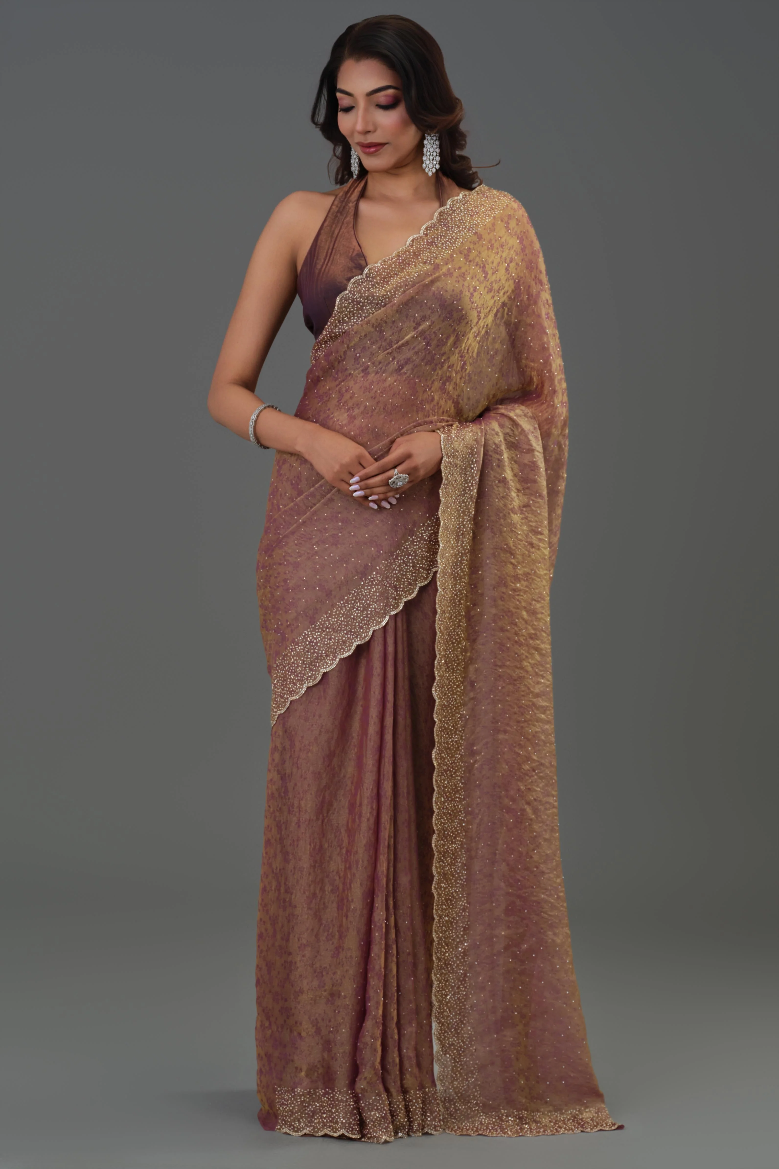 Rose Gold Embellished Cosmo Tissue Silk Saree - Image 2