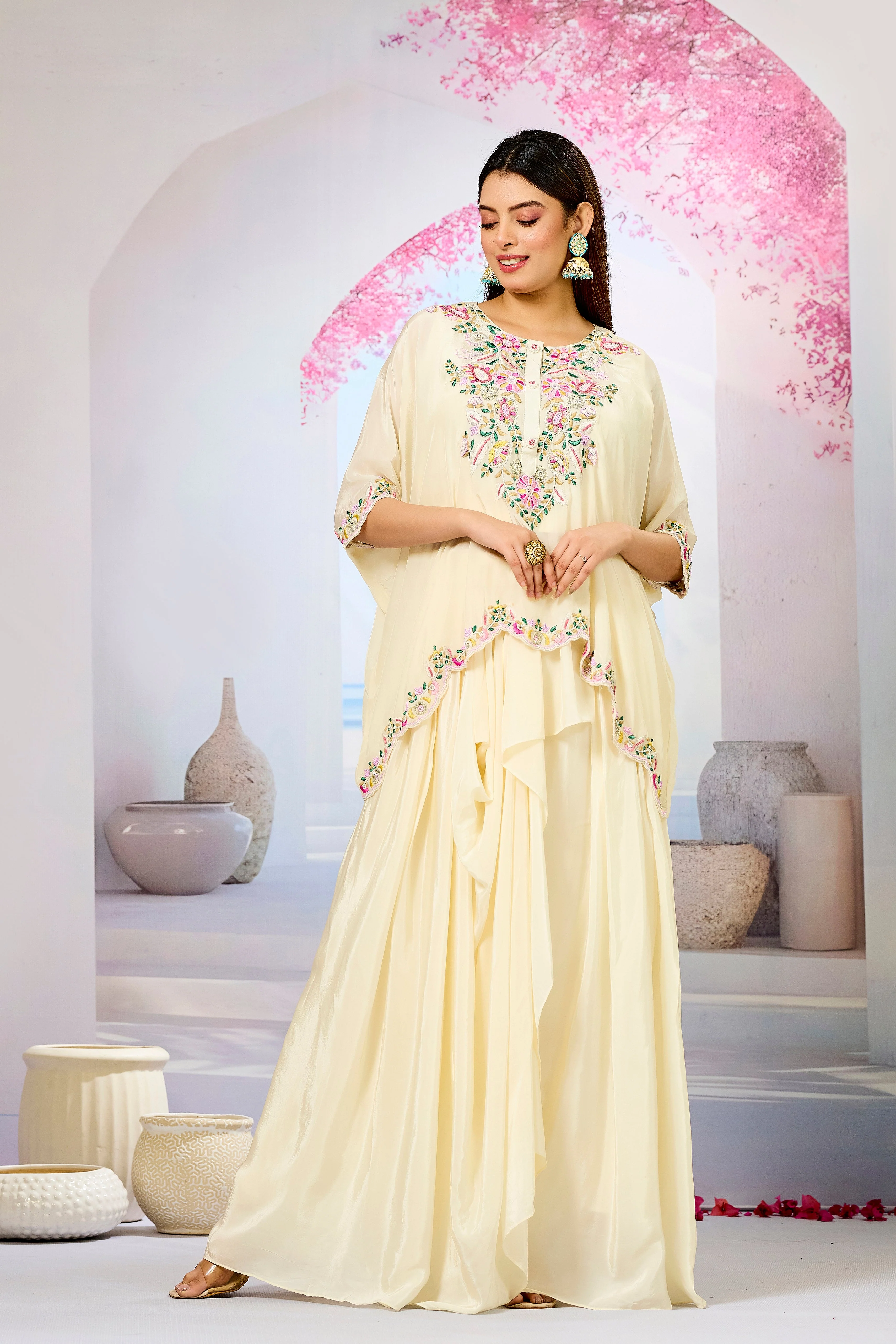 Cream Embellished Crepe Silk Skirt Set