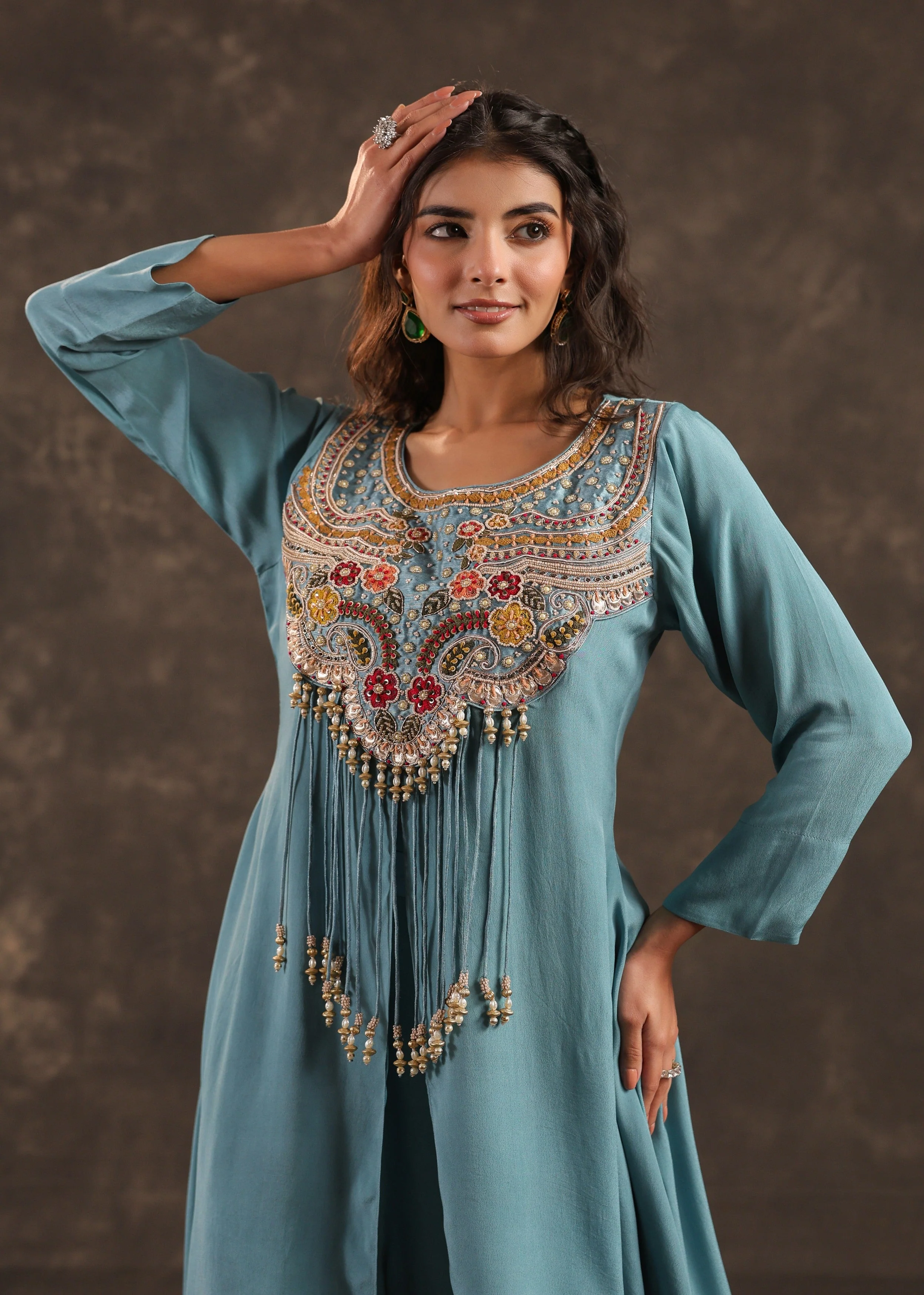 Sky Bloom Embellished Crepe Silk Palazzo Set - Image 2