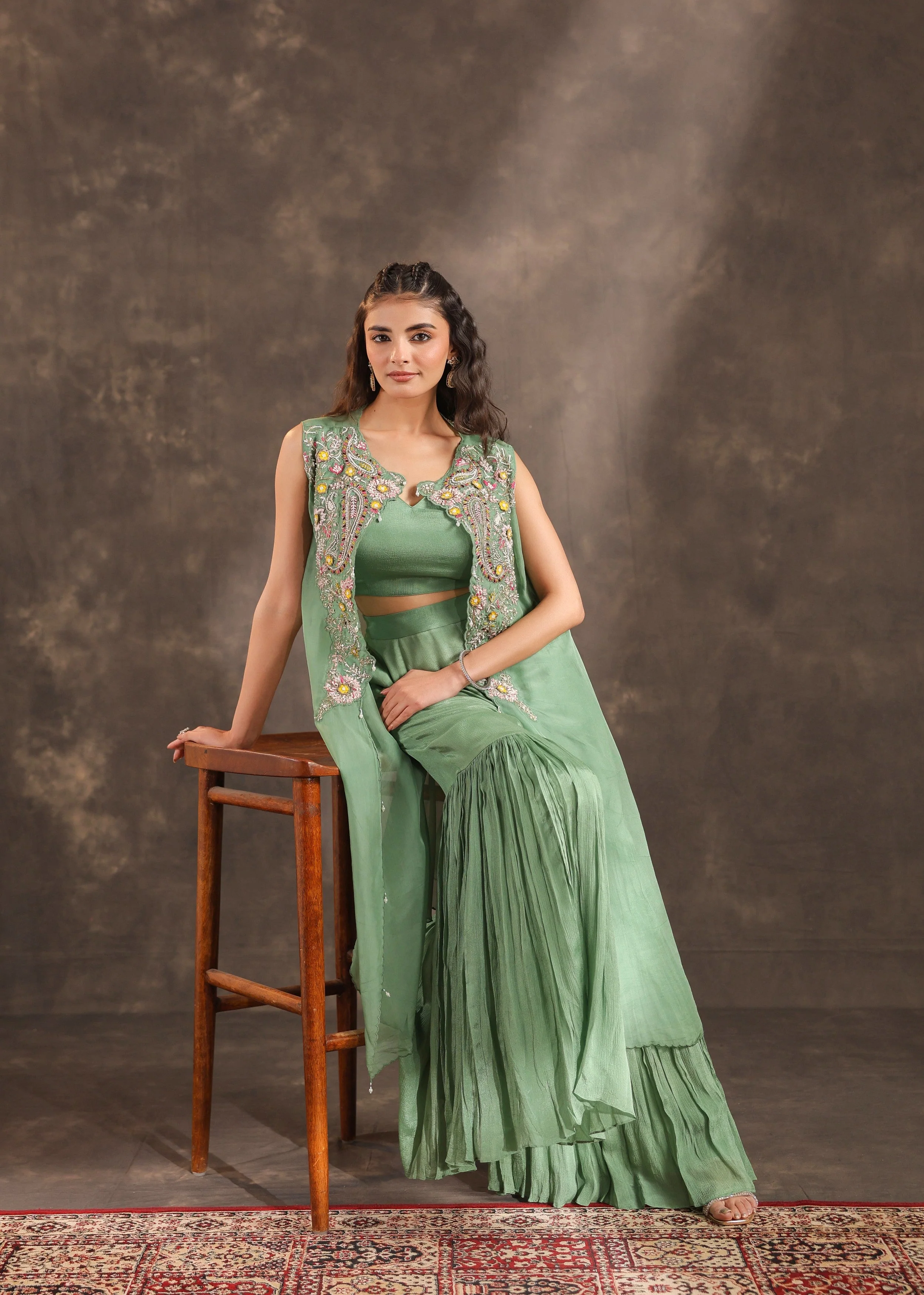 Sage Flora Embellished Chinon Silk Sharara Set