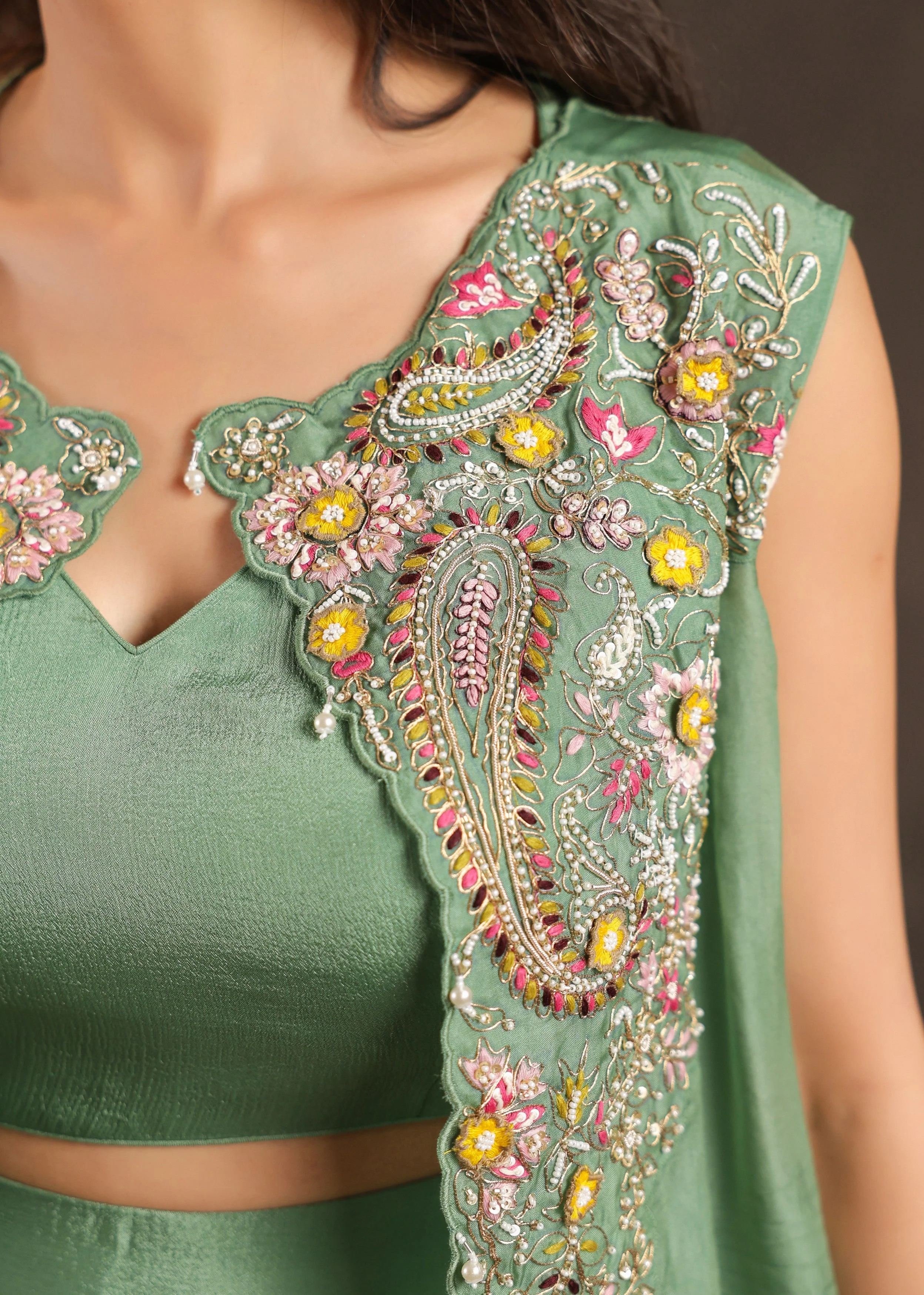 Sage Flora Embellished Chinon Silk Sharara Set - Image 2