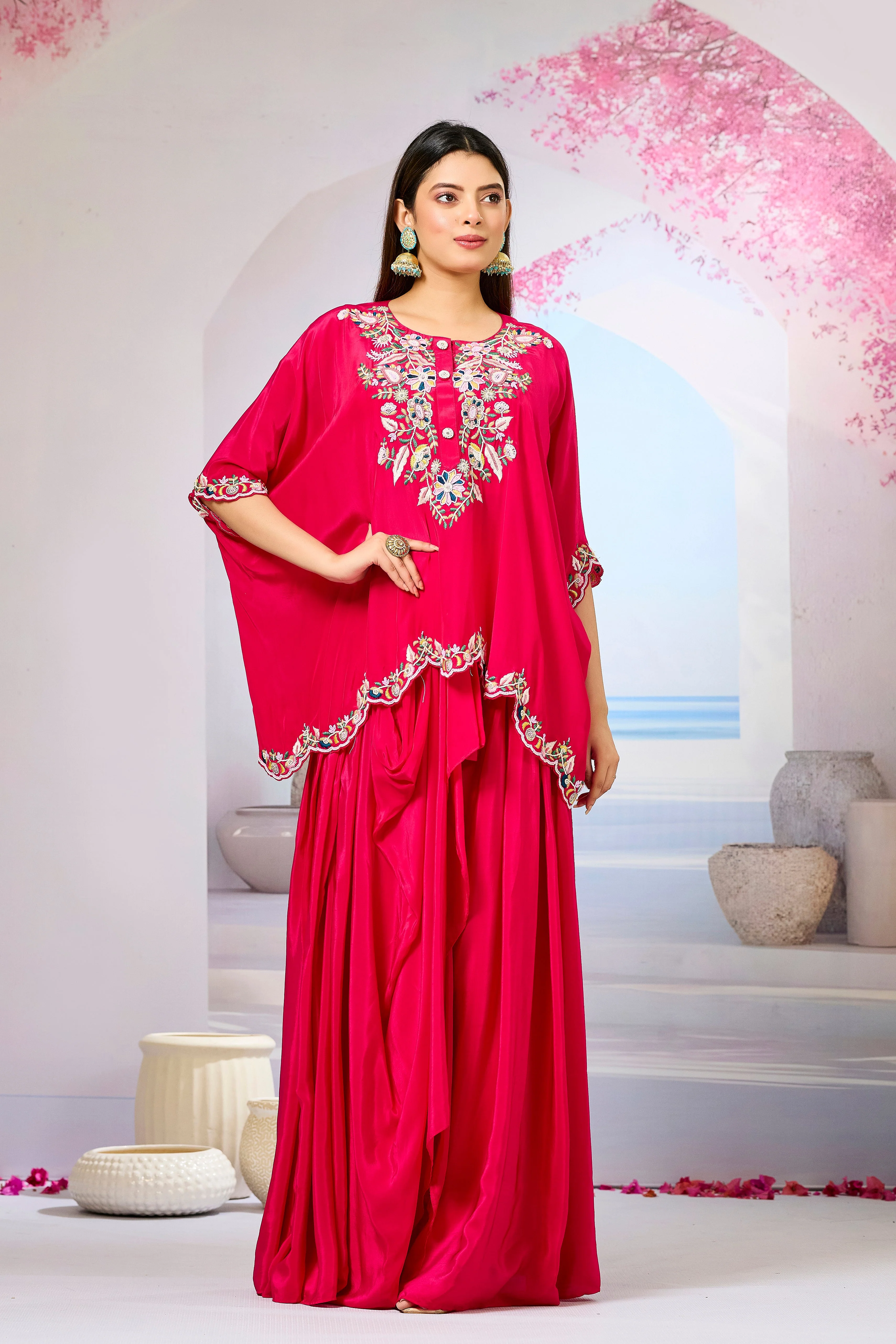 Red Embellished Crepe Silk Skirt Set