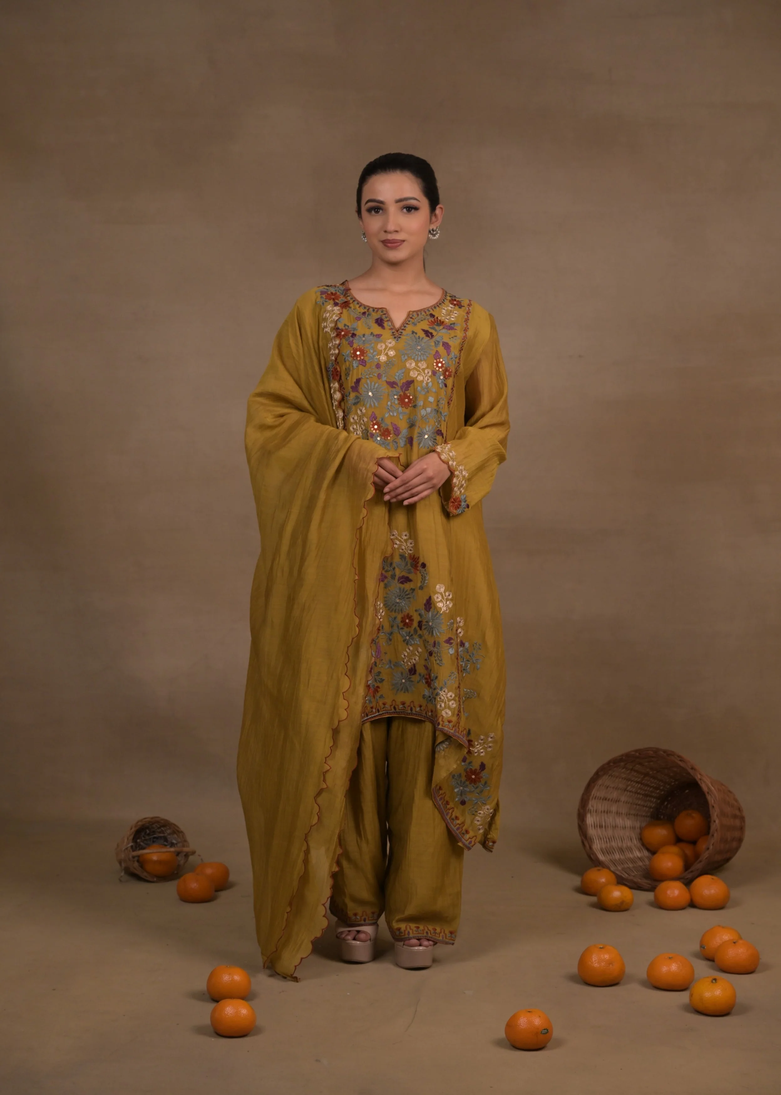 Mustard Meadow Embroidered Mul Silk Pant Set