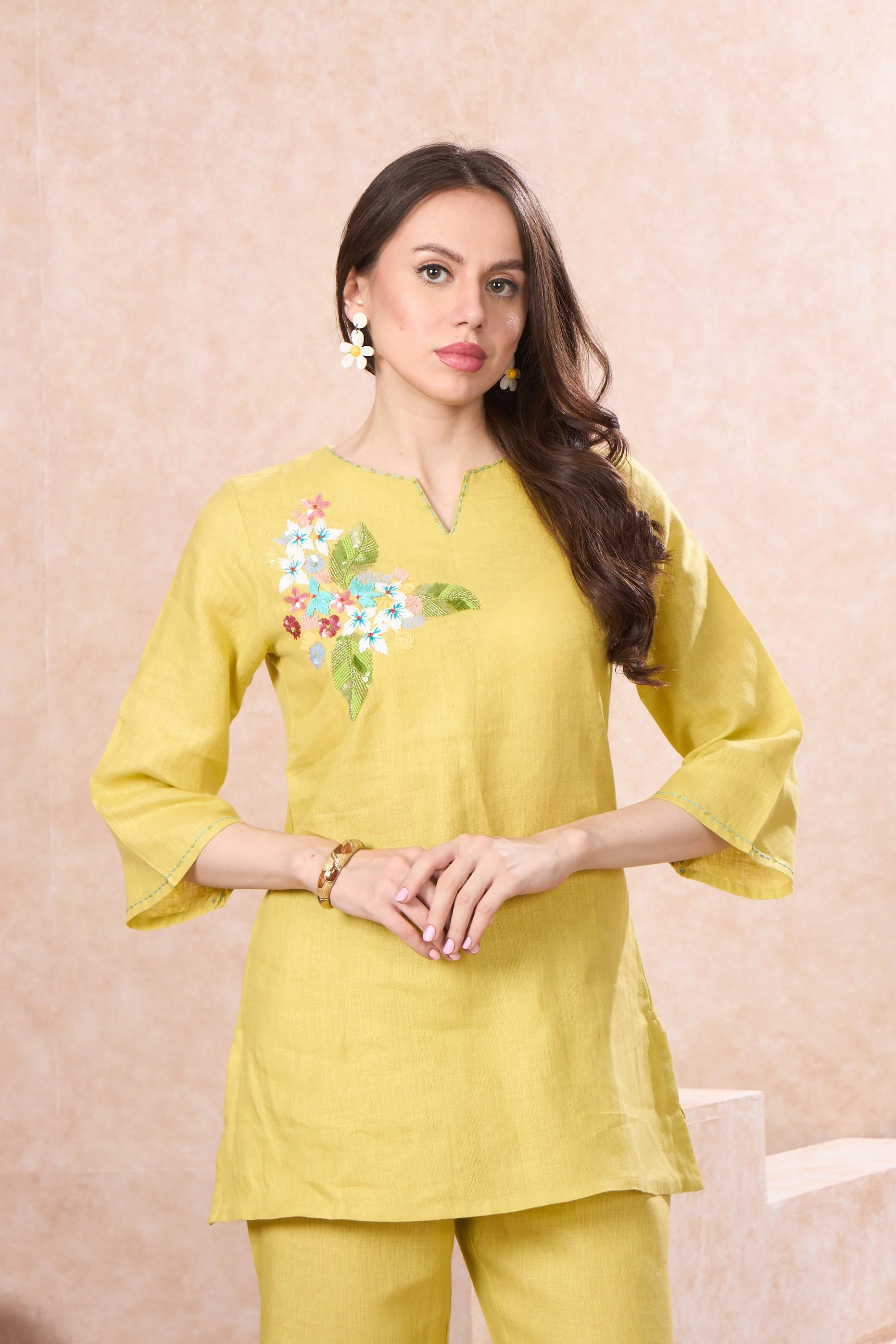 Lime Flora Embellished Linen Co-Ord Set - Image 2