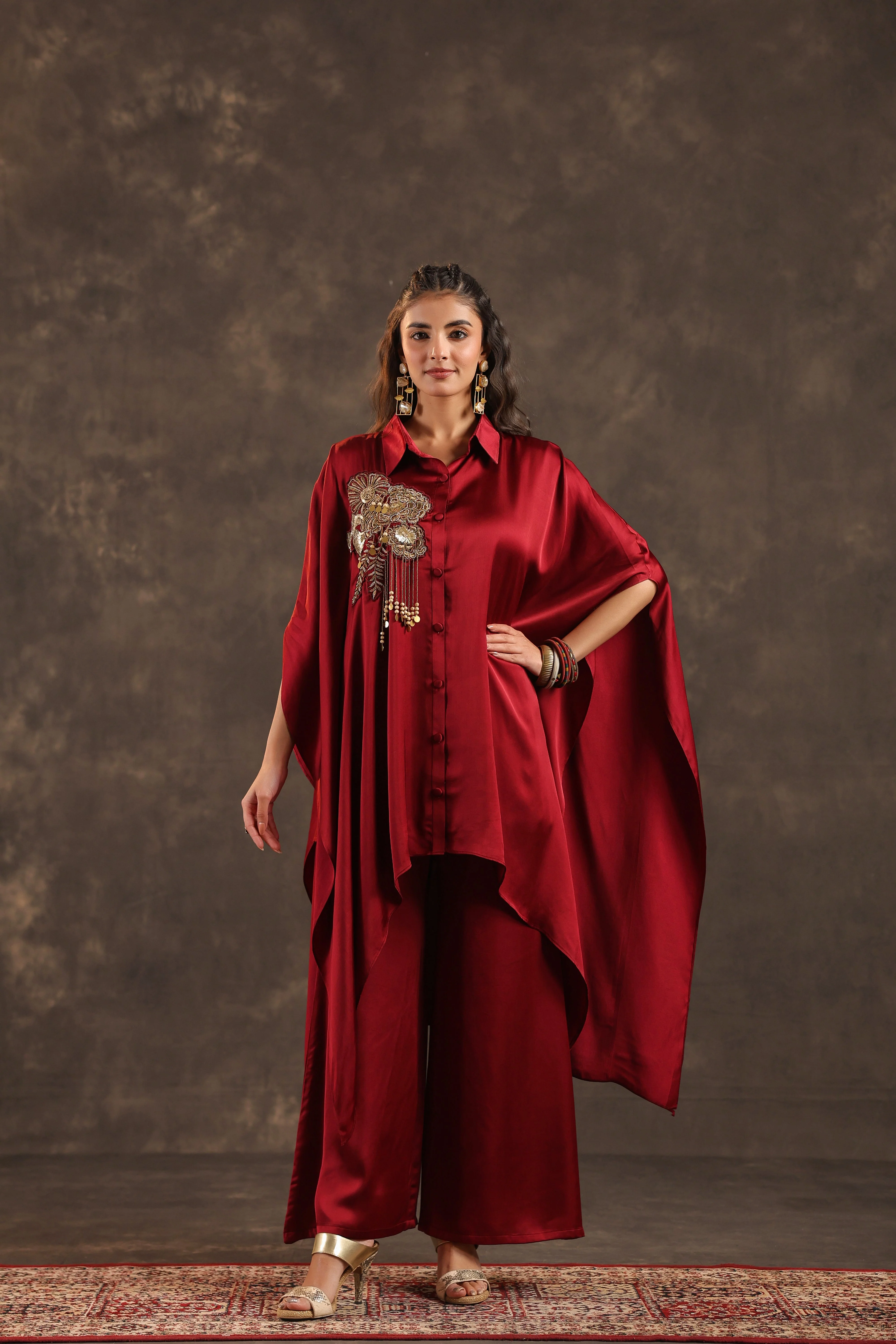 Metallic Red Embellished Modal Satin Silk Co-Ord Set
