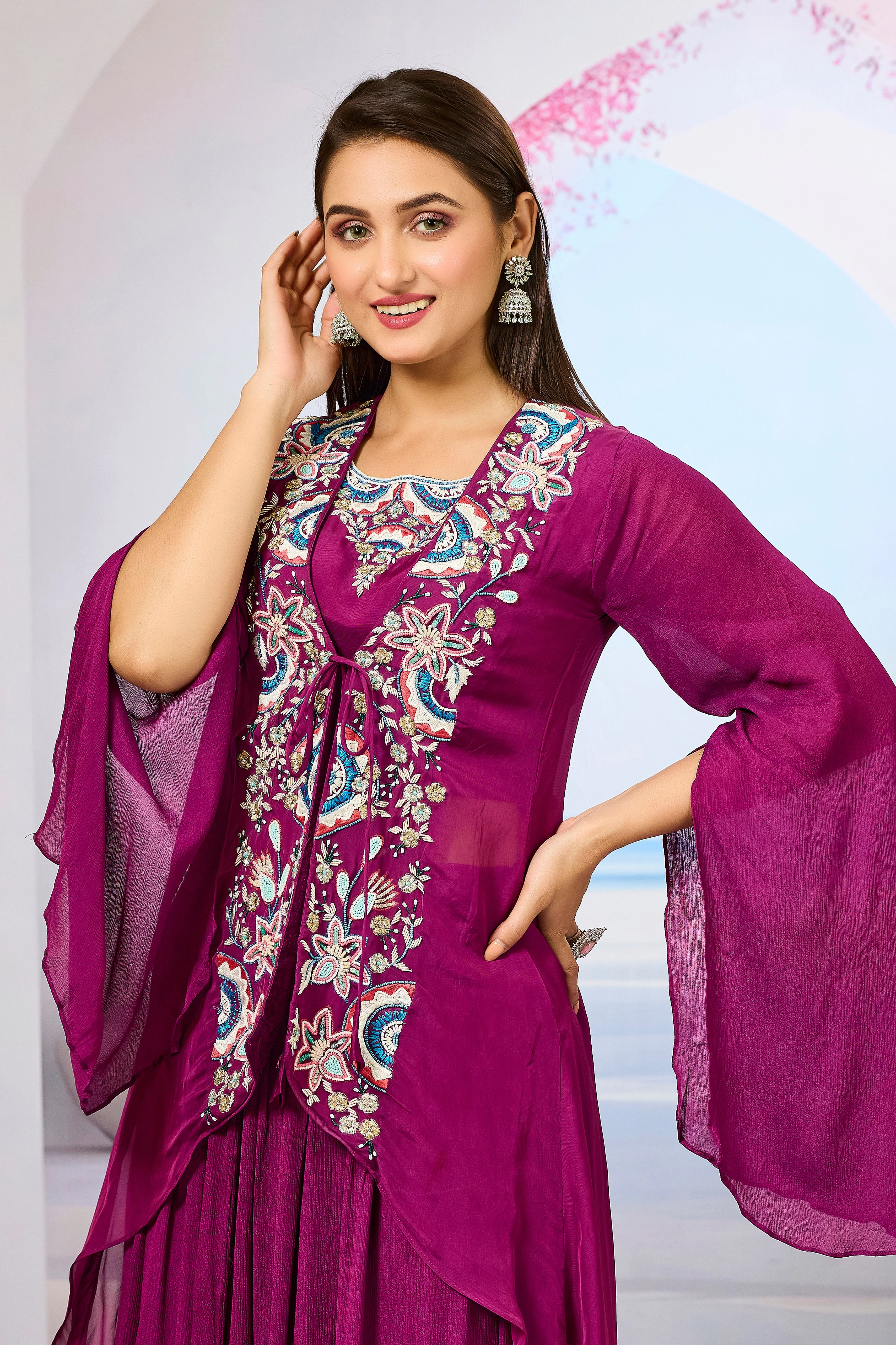 Wine Embellished Organza Silk Cape Set - Image 2