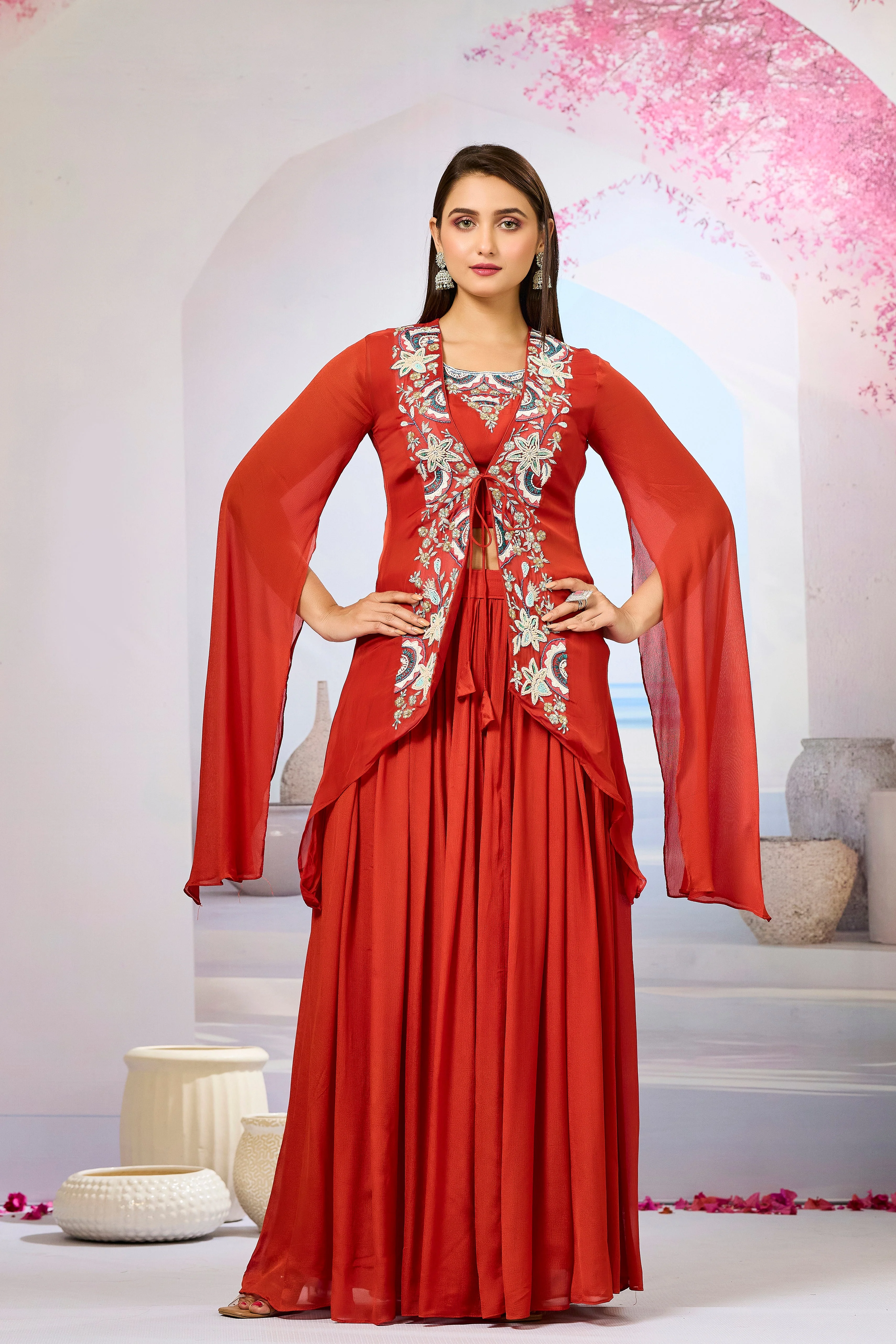 Rust Orange Embellished Organza Silk Cape Set